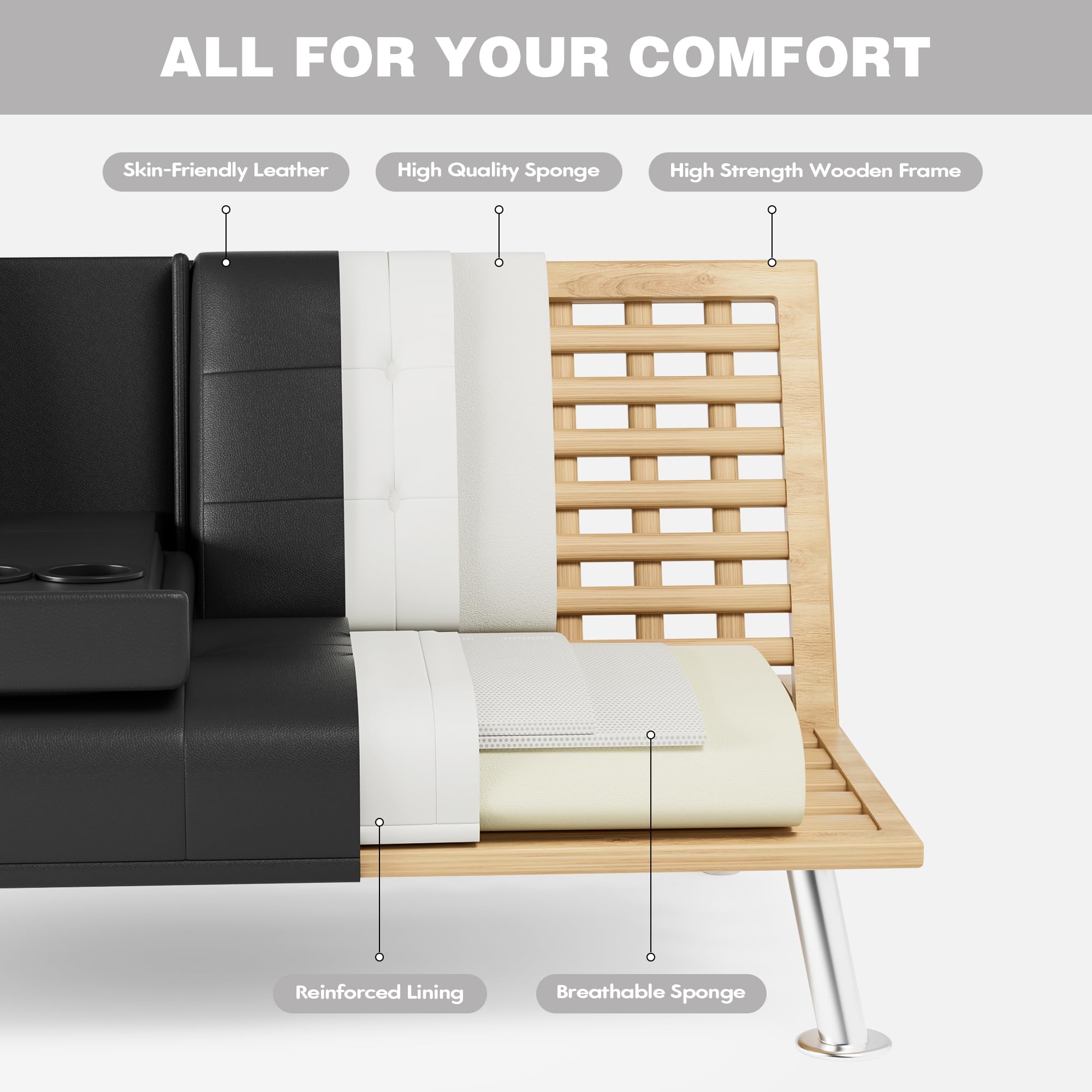 JUMMICO Adjustable PU Leather Futon Sofa Bed with Removable Armrests & 2 Cup Holders - Convertible Sleeper Couch for Small Spaces, Living Room, Dorm, Apartment (Black) - Perfect for Guest Beds, Movie Nights & Compact Living