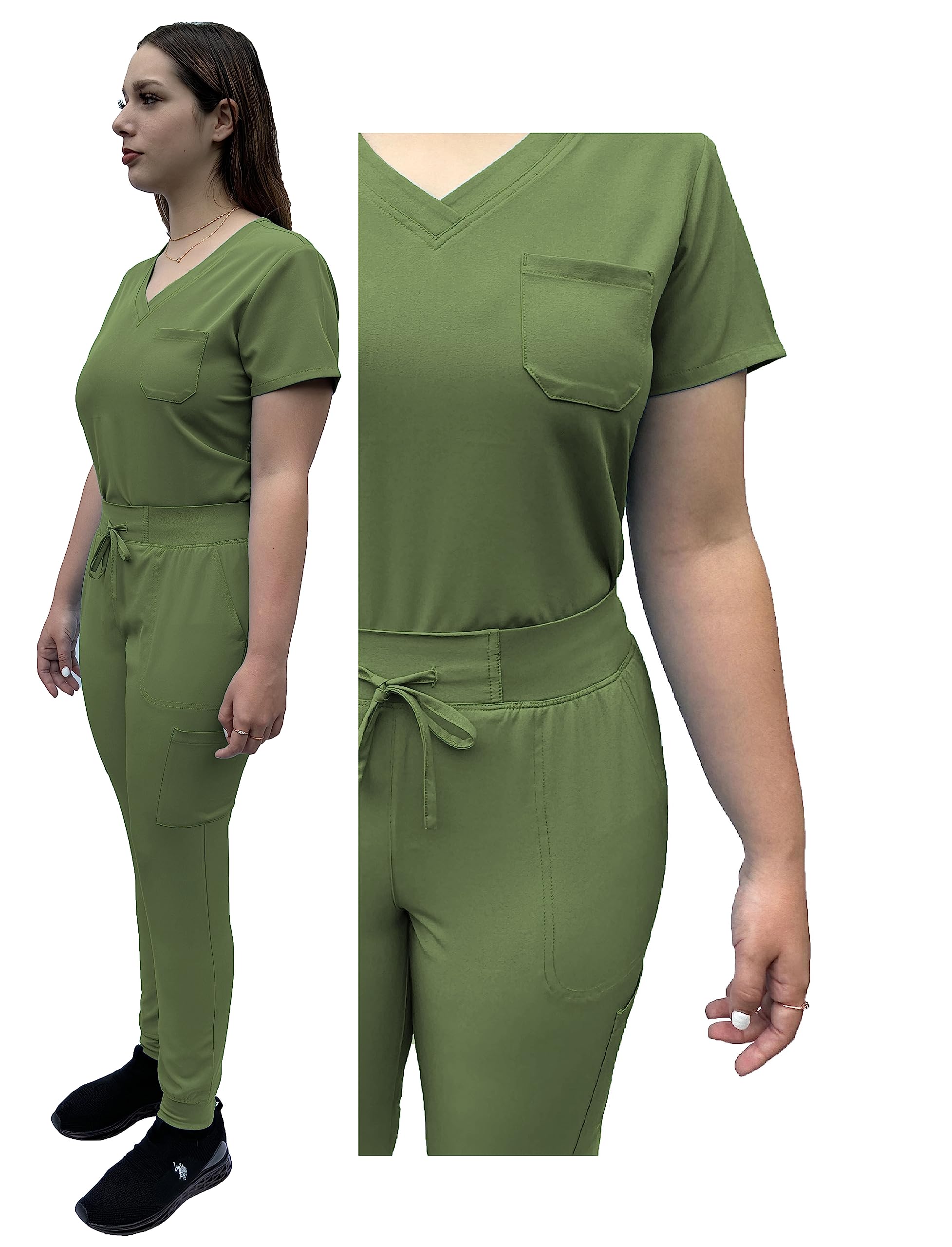 ANGIE UNIFORMS YOGAFLEX Women's Tuck-In Jogger Scrubs Set - Regular & Petite Sizes | 1 Pocket Top with Tapered Leg Joggers | Comfortable Workout & Medical Uniform for Yoga, Nursing & Healthcare Professionals