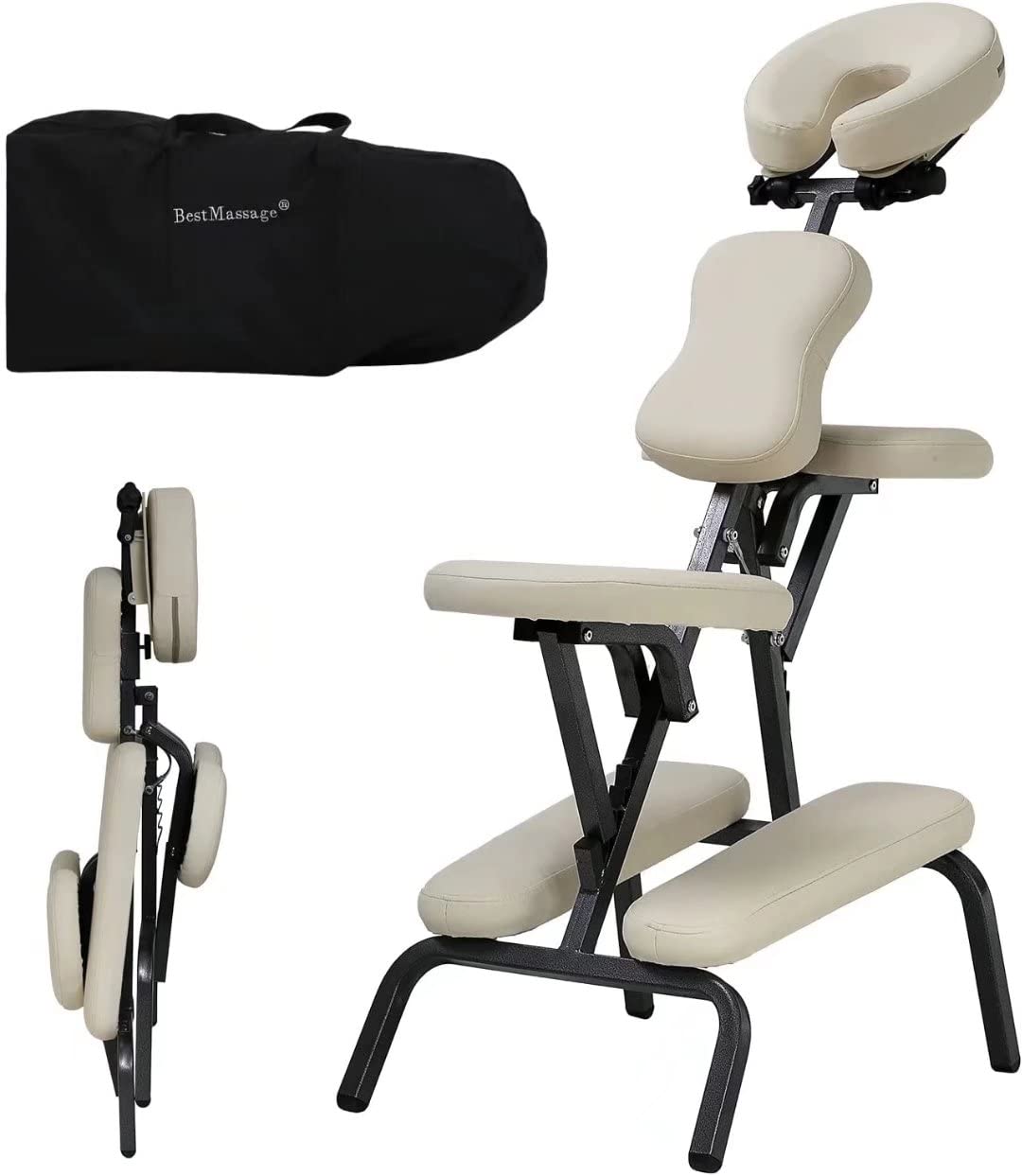 Foldable Massage Chair - Adjustable Tattoo & Spa Chair with Free Carry Case & Face Cradle - Portable Therapy Chair for Home, Salon & Tattoo Studio - Cream Color