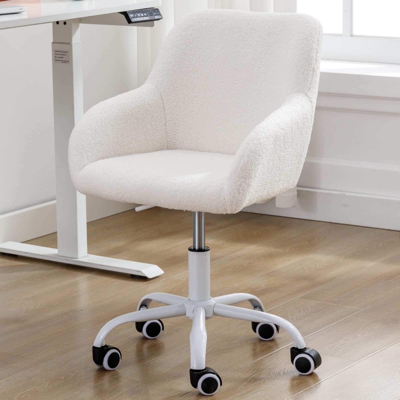 LukeAlon Adjustable Kids Study Chair - Ergonomic Swivel Desk Chair with Sherpa Upholstery, Armrests & Cushioned Seat for Children's Bedroom, Home Office & Classroom - Perfect for Reading, Homework & Computer Use (White)