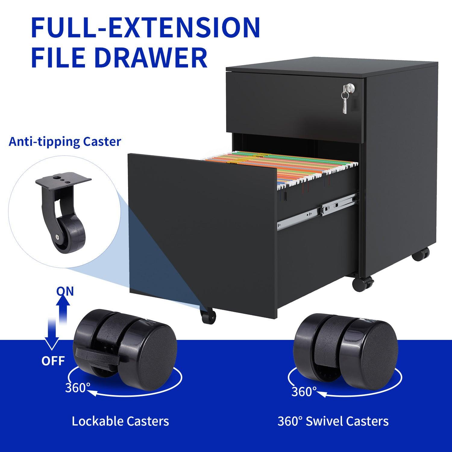 2-Drawer Locking Mobile File Cabinet - Steel Storage for Legal, Letter, A4 & F4 Documents - Fully Assembled (Wheels Attached) - Black Home & Office Organization Solution - Perfect for Workspaces, Study Rooms & Home Offices
