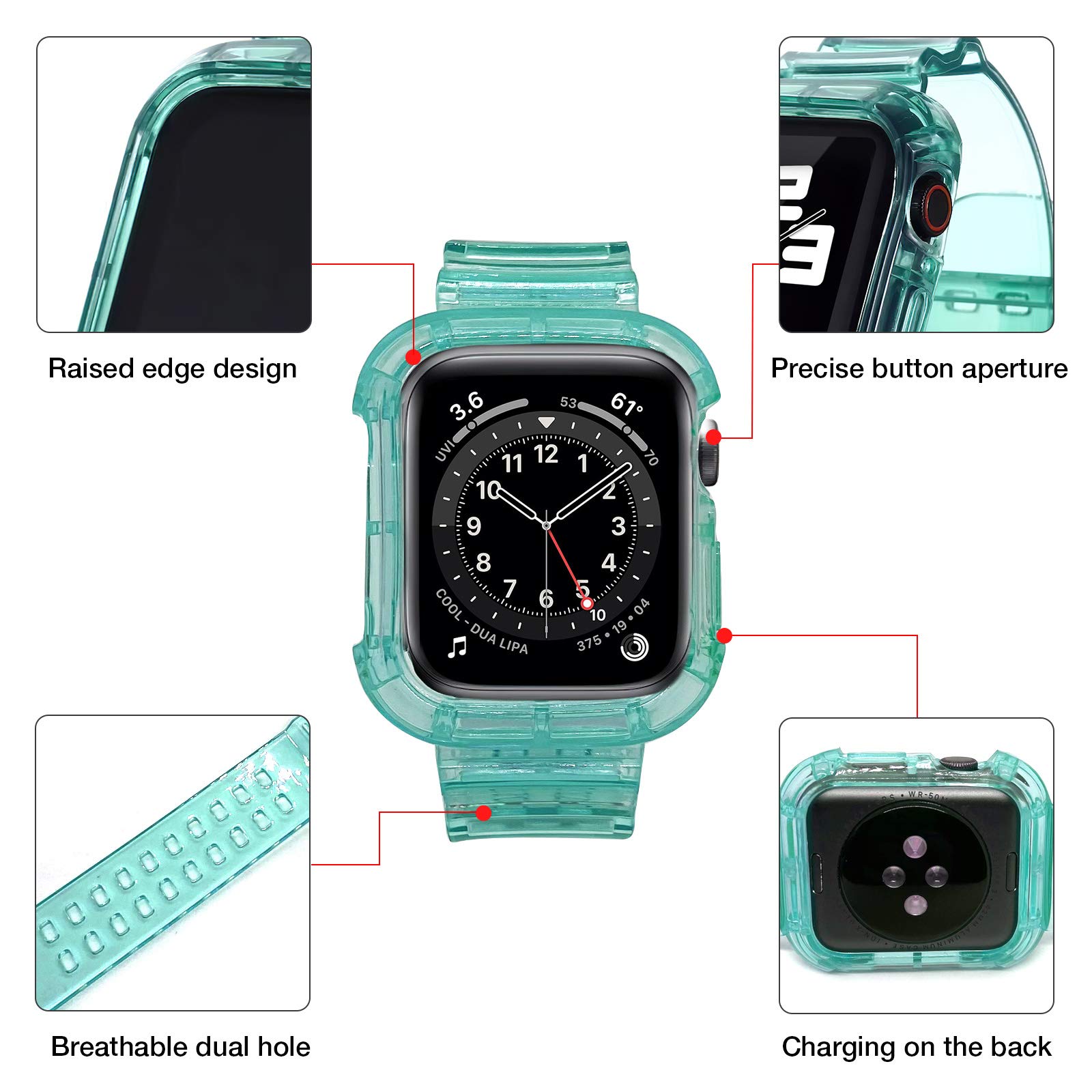 Compatible Apple Watch Bands 38mm 40mm 42mm 44mm 45mm - Clear Shockproof Strap with Bumper Case for Women & Men - Perfect for iWatch Series SE/7/6/5/4/3/2/1 - Ideal for Workouts, Running & Everyday Use (Green)