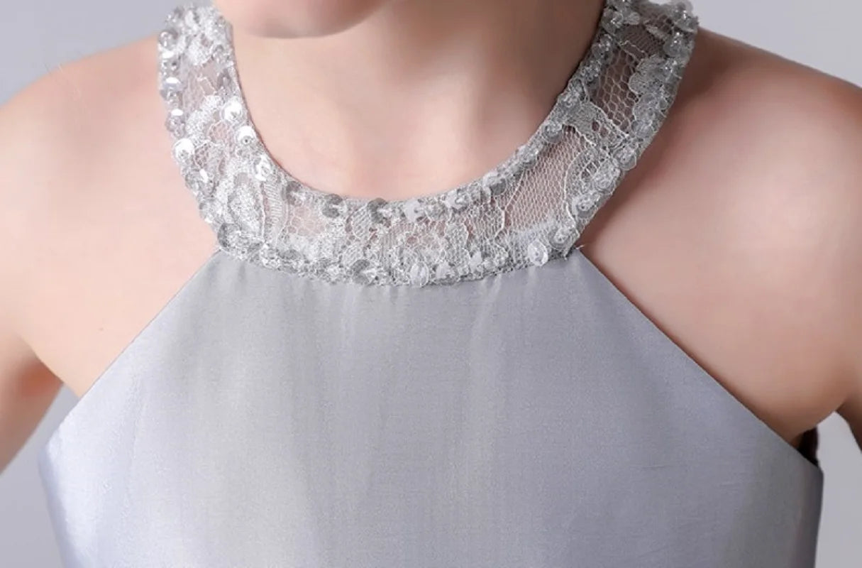 Silver Satin Halter Flower Girl Dress - Long Princess Pageant Gown for Weddings, Baptisms & Special Occasions