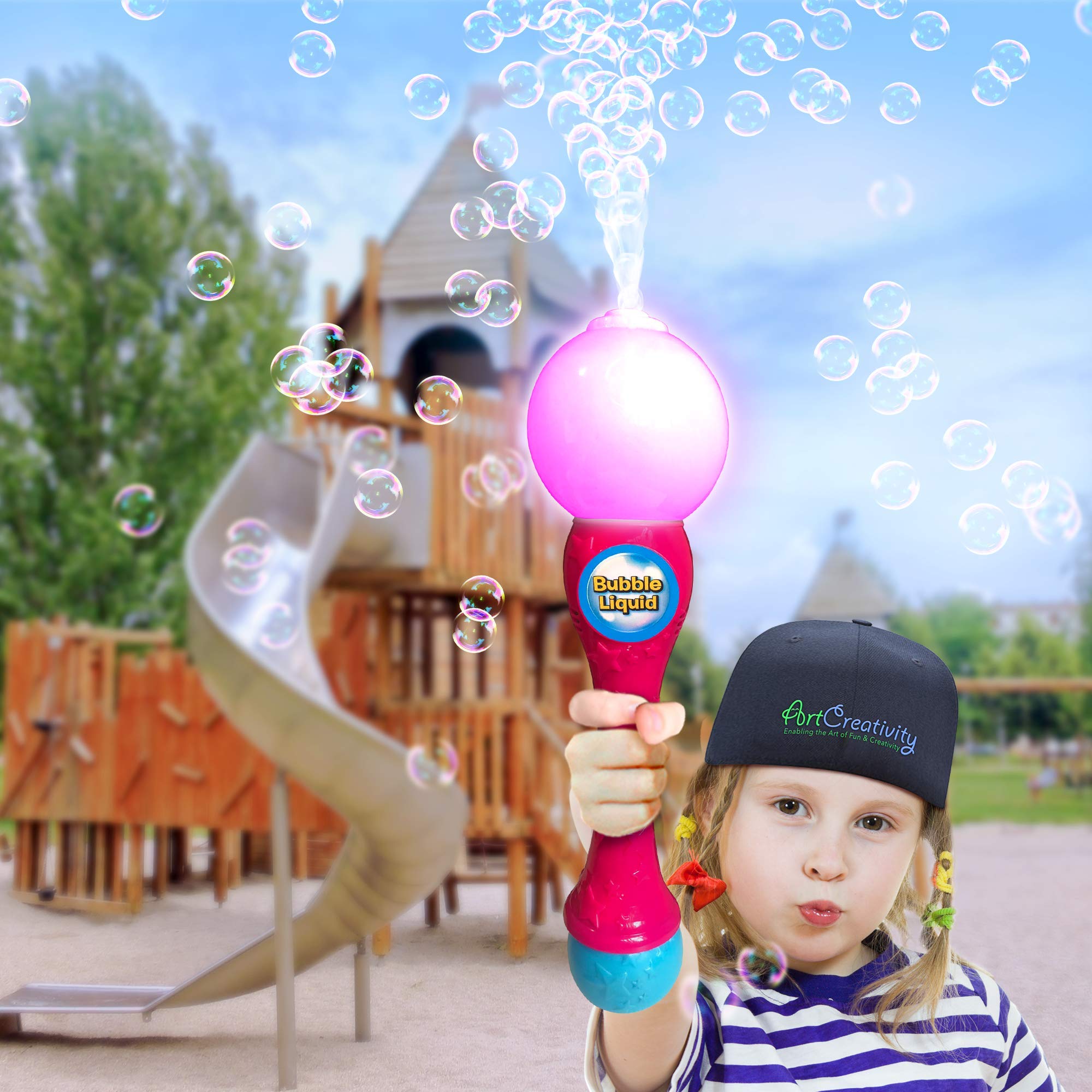**ArtCreativity LED Light Up Bubble Wand - 13.5 Inch Illuminating Bubble Blower with Sound Effects for Kids, Includes Bubble Fluid & Batteries - Perfect for Birthday Parties, Outdoor Play & Summer Fun (Pink)**