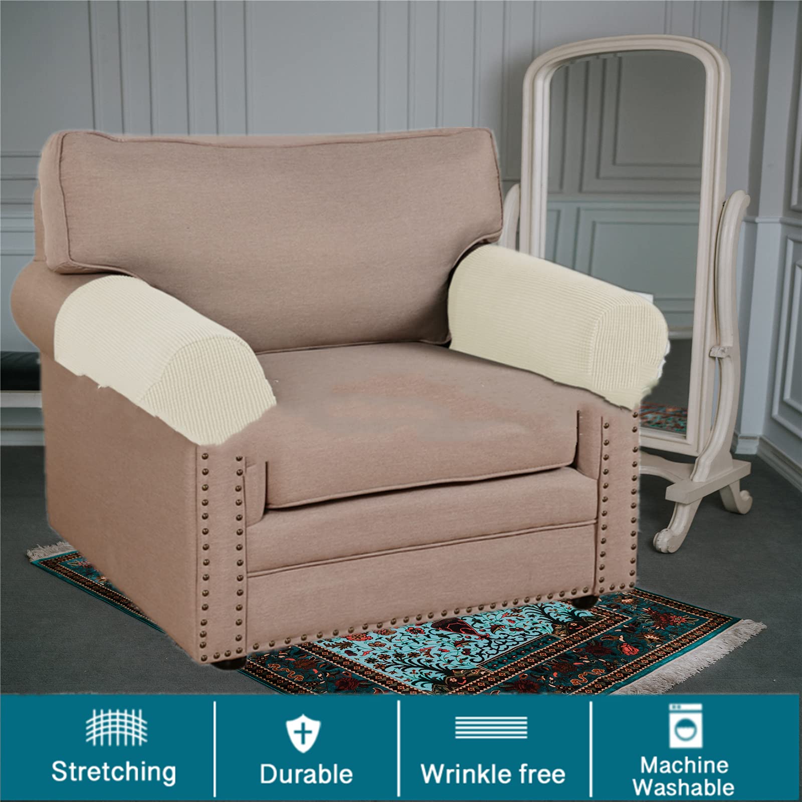 Stretch Spandex Armrest Covers for Chairs, Couches & Recliners - 2-Piece Set (Nature Color) - Soft Protective Slipcovers for Living Room Furniture & Office Chairs