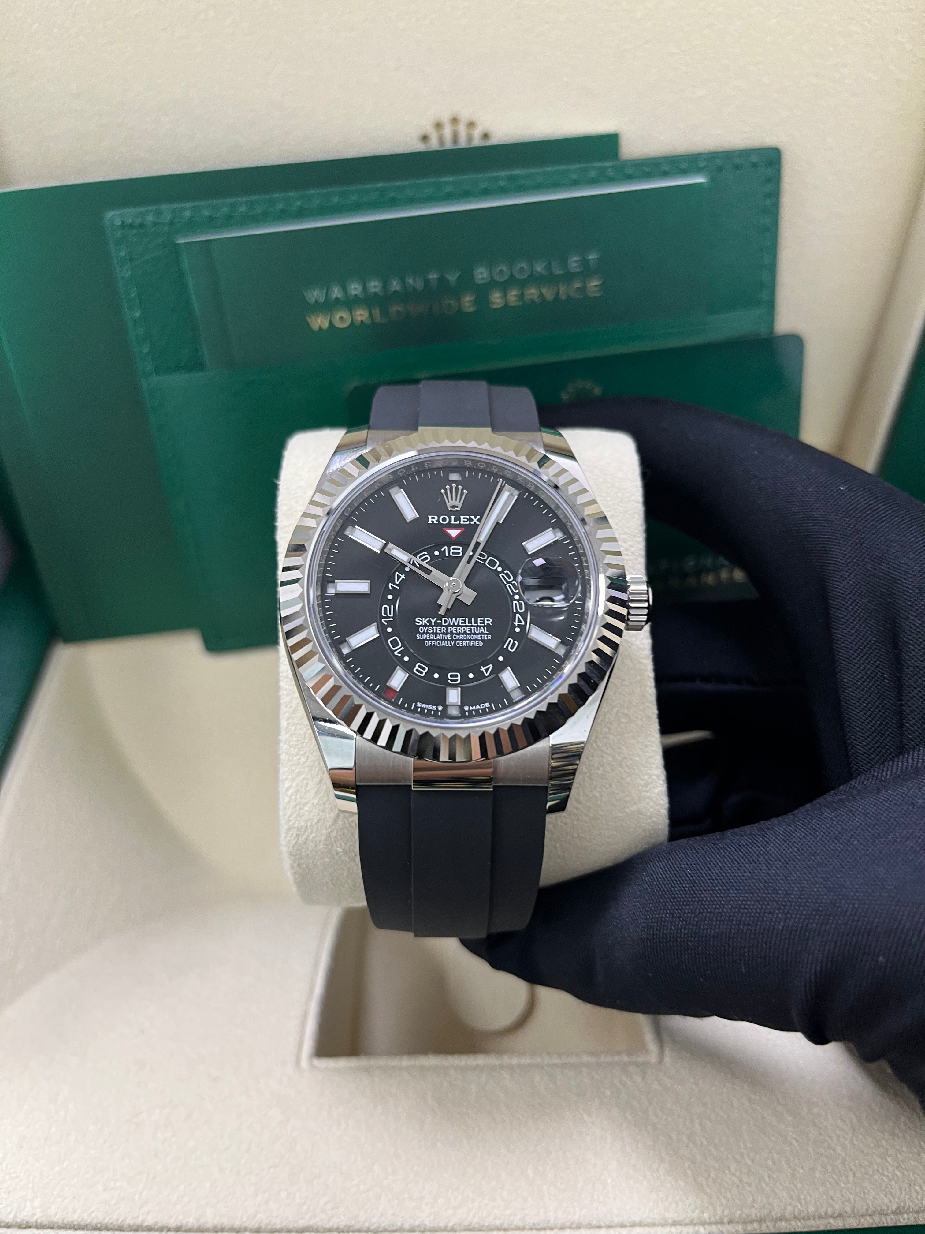 Rolex Sky-Dweller 42mm White Gold Watch with Fluted Bezel, Black Index Dial & Oysterflex Strap Ref. 336239 - Luxury GMT Master for Travel & Business Professionals