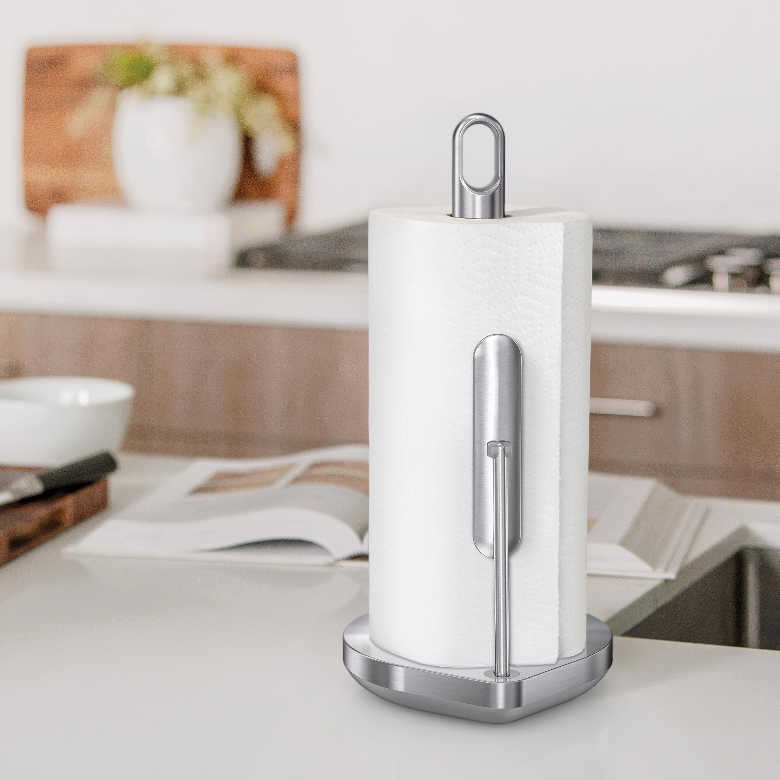 Simplehuman Heavy-Duty Tension Arm Paper Towel Holder - Brushed Stainless Steel Stand Dispenser for Kitchen Countertop | Easy One-Handed Tear | Perfect for Home, Office & Restaurant Use