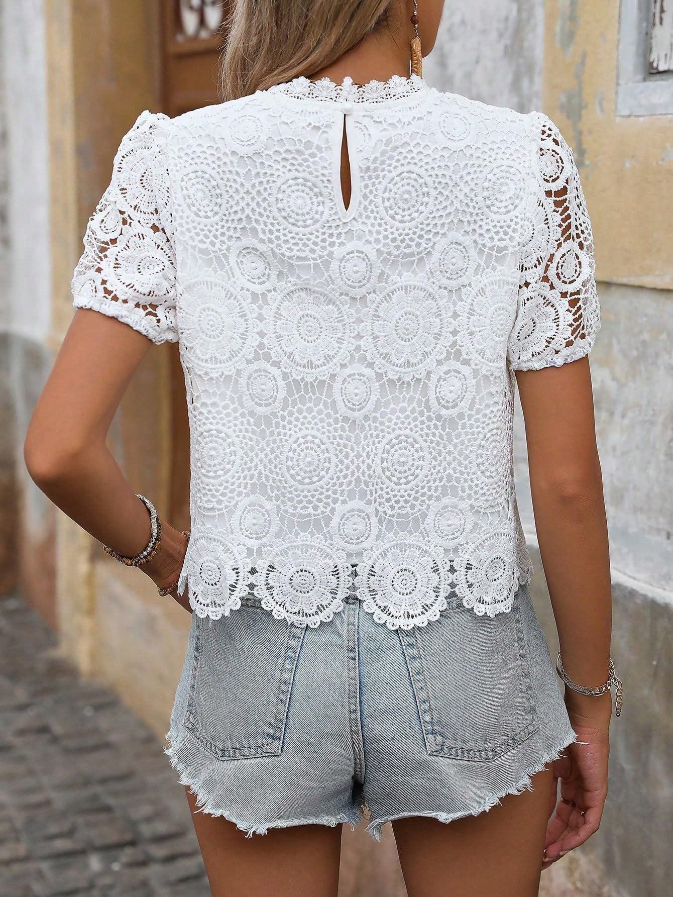2024 Women's Summer Casual Short Sleeve Blouse - White Lace Puff Sleeve Top for Beach, Party & Office Wear
