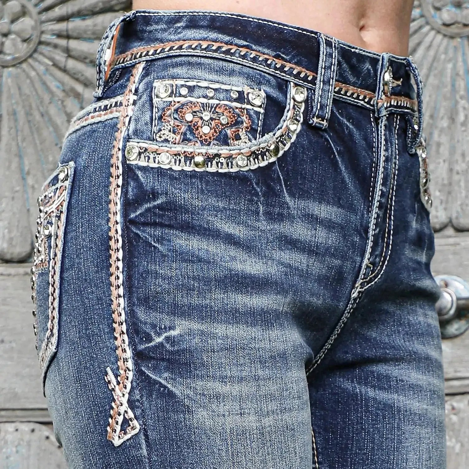 Women's Embellished Mid Rise Bootcut Jeans - Stretch Denim Pants with Rhinestone Details for Casual & Night Out