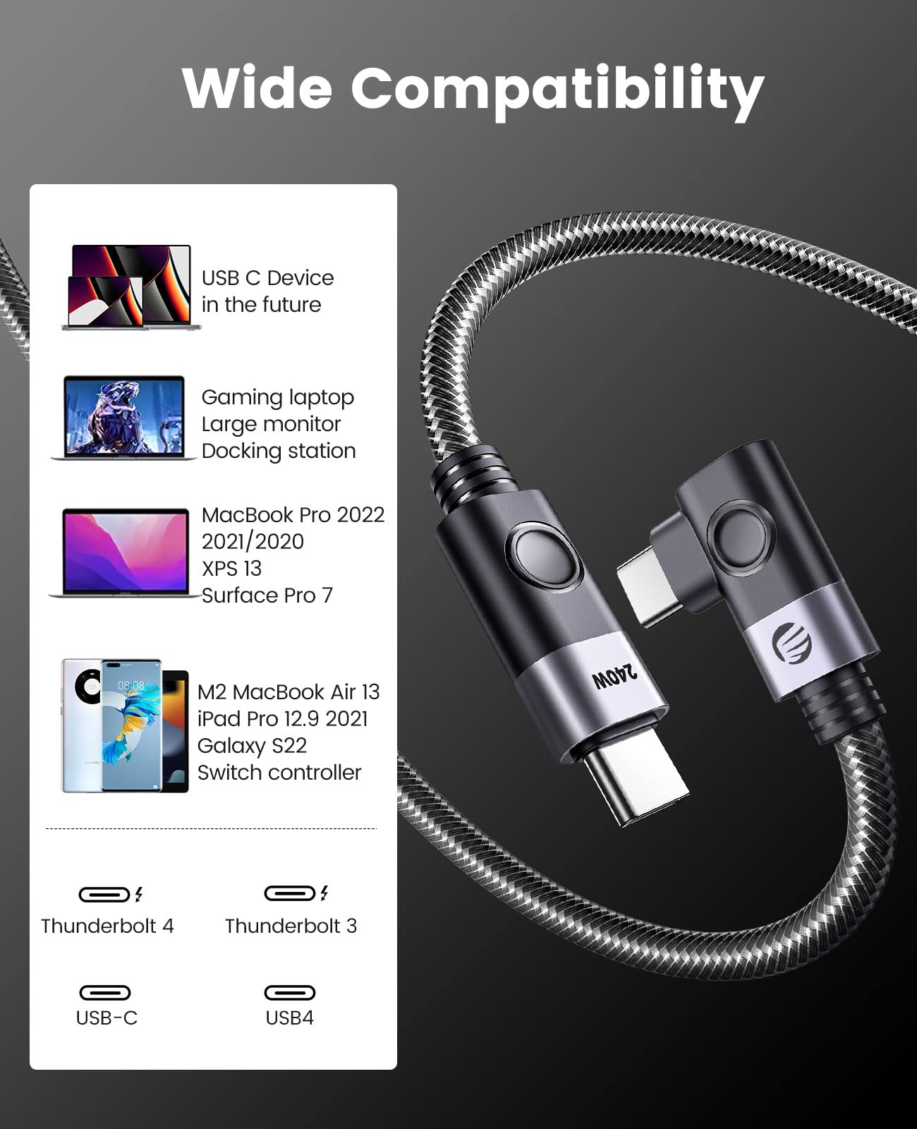 ORICO 240W USB C to USB C Right Angle Cable 1.5M - 40Gbps High Speed Data Transfer - Compatible with Dell, iPad Air 4, iPad Pro 2020, Pixel, Hubs & Docking Stations - Perfect for Office, Travel & Home Charging