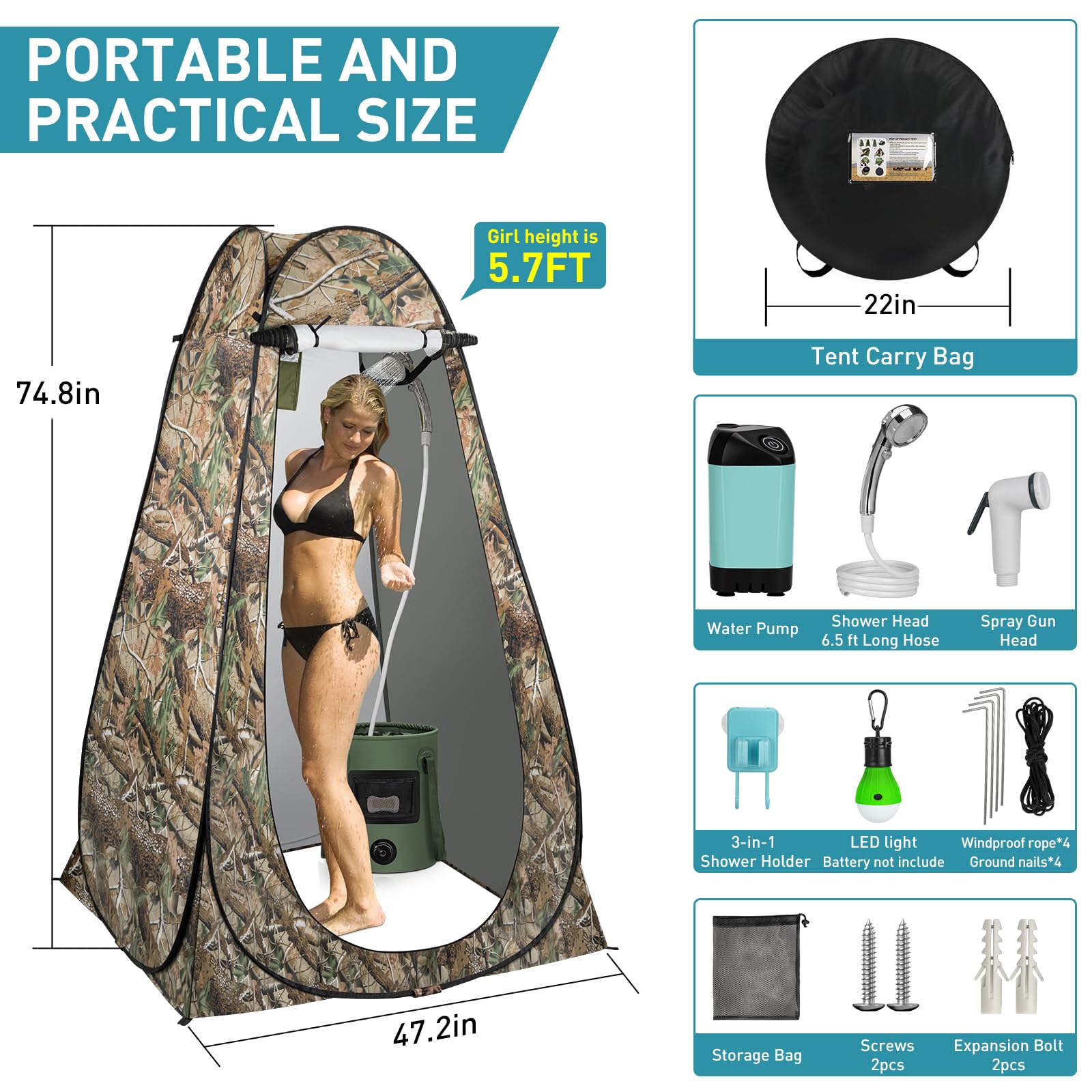 Portable Camping Shower Tent with Rechargeable Pump & 6.6 Gallon Foldable Bucket - Pop Up Privacy Shower Kit with LED Lights for Outdoor Hiking, Backpacking & RV Trips | Perfect for Beach, Camping & Emergency Use