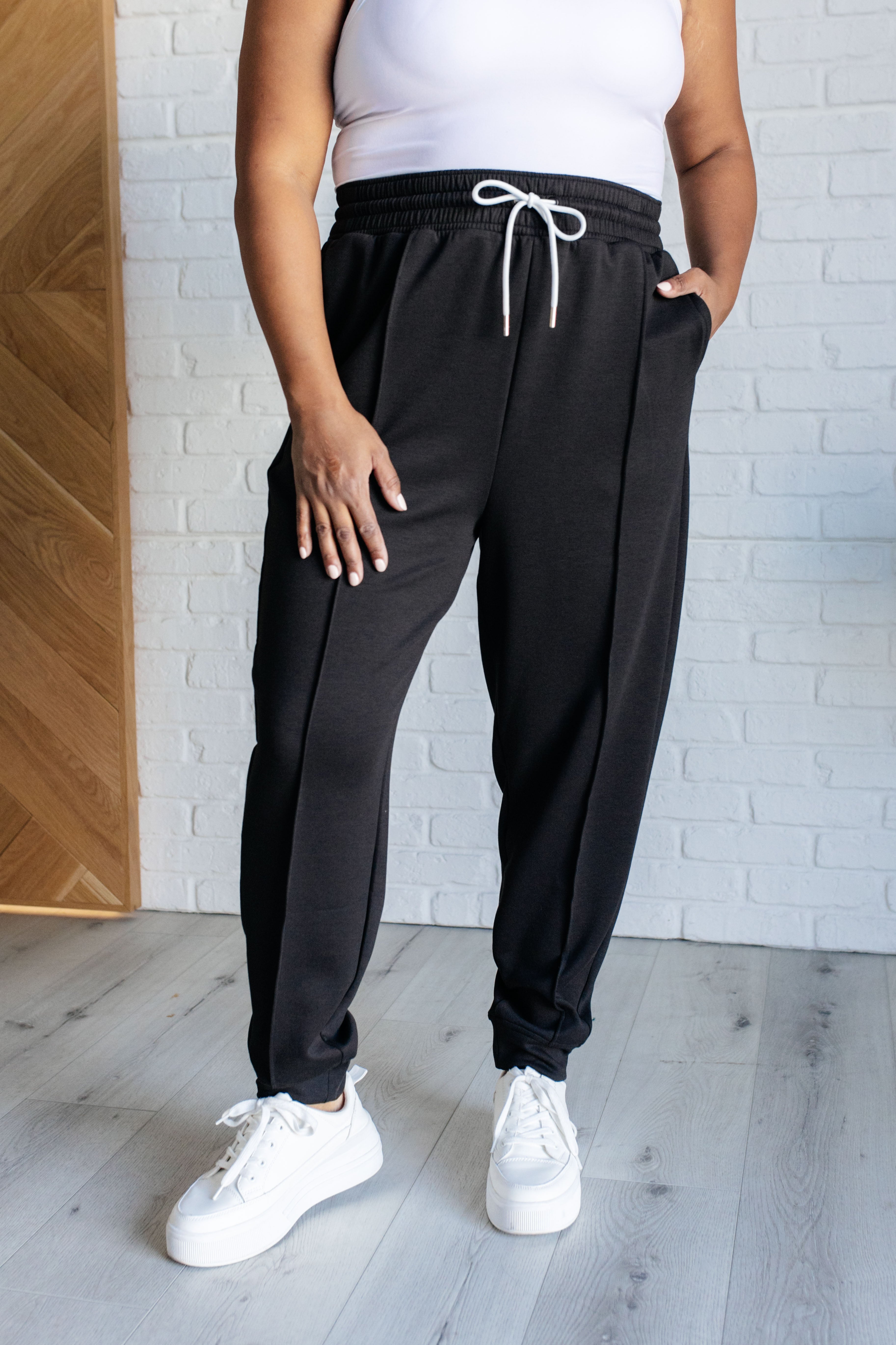 Premium Black Center Seam Scuba Joggers for Women - High Waisted Yoga Pants with Pockets - Comfortable Lounge & Workout Pants for Running, Gym, Travel & Everyday Wear