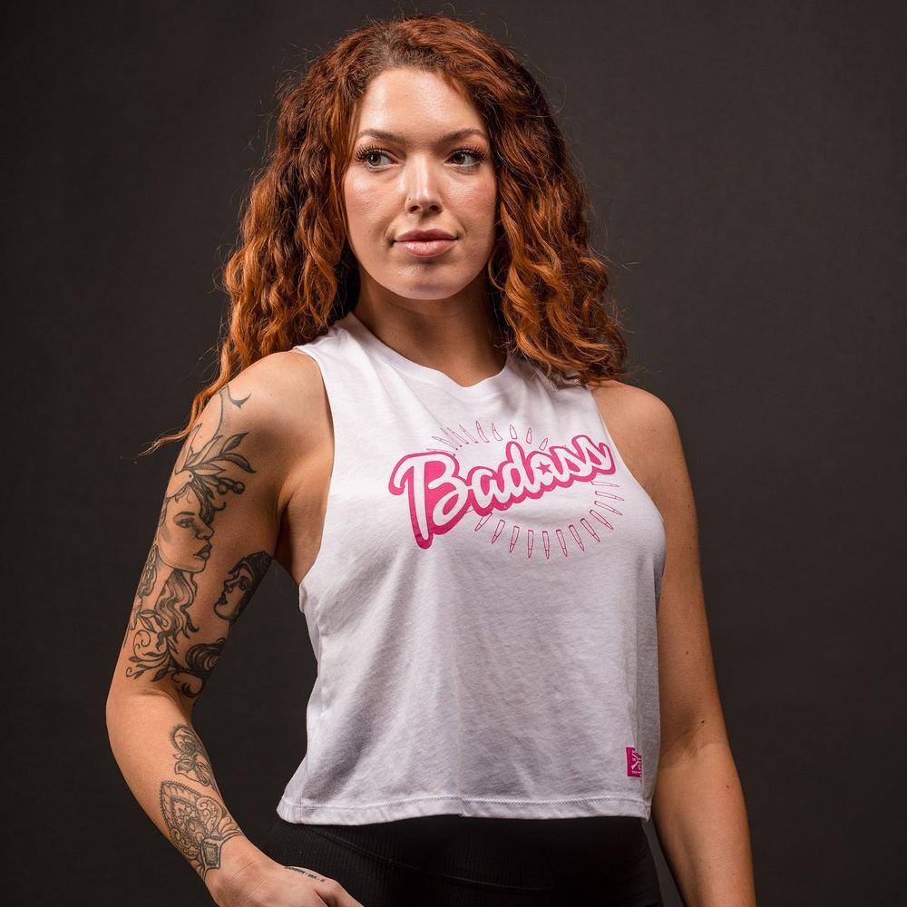 Women's Badass Racerback Cropped Tank Top - White | Workout & Gym Essential | Yoga, Running & Fitness Apparel
