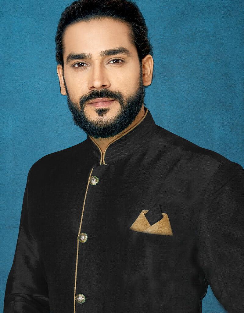 Black Kurta Dhupion Art Silk Dhoti for Men - Traditional Indian Ethnic Wear for Festivals & Weddings