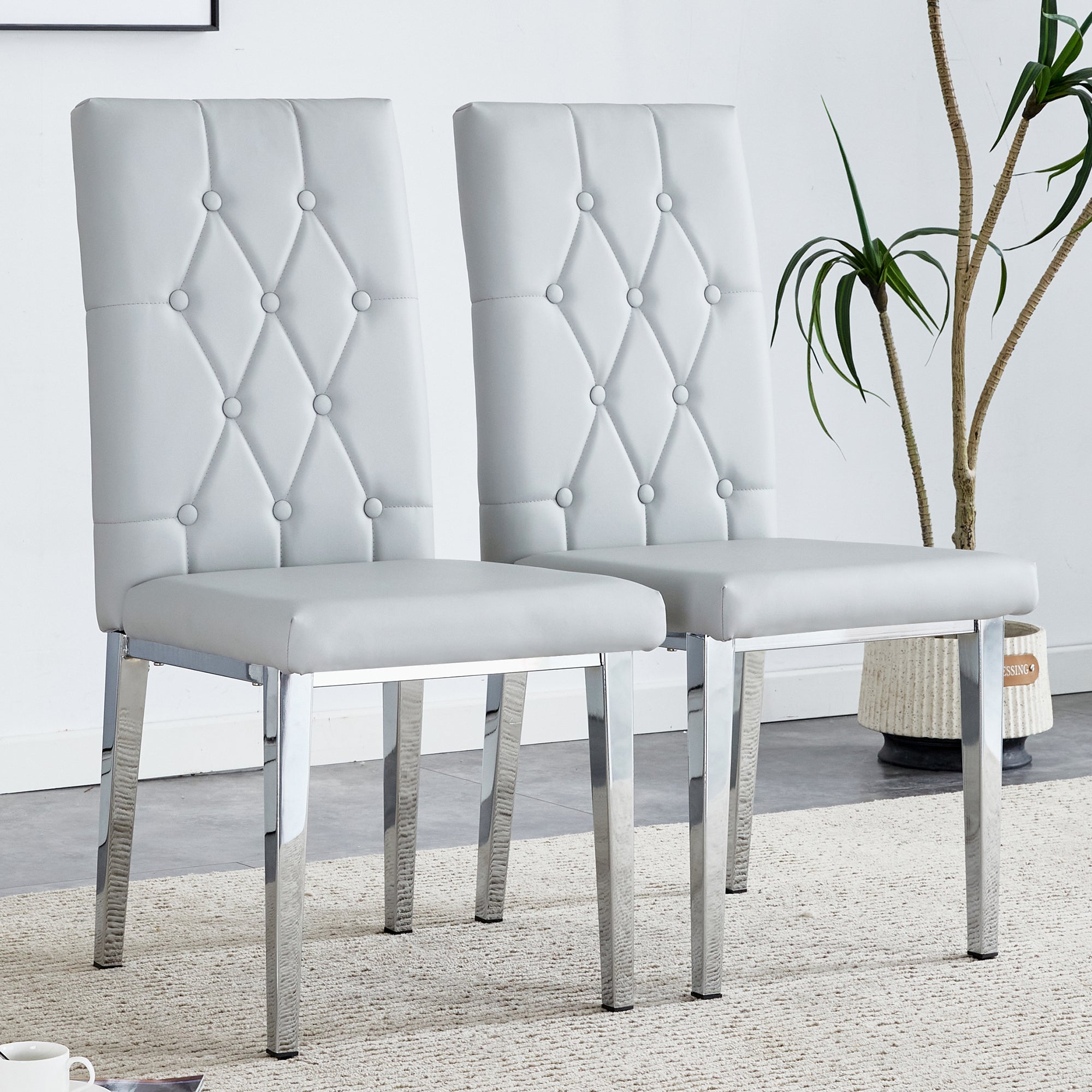 Modern 2-Piece Dining Chairs Set - Light Gray Faux Leather with Checkered Buckle Design for Kitchen, Dining Room & Office - Classic & Contemporary Style Home Furniture for Small Spaces