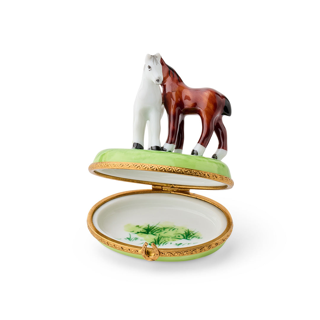 Two Horses Limoges Porcelain Figurine - Handcrafted French Collectible for Home Decor & Gift Giving | Perfect for Display Cabinets, Coffee Tables, and Luxury Gifts