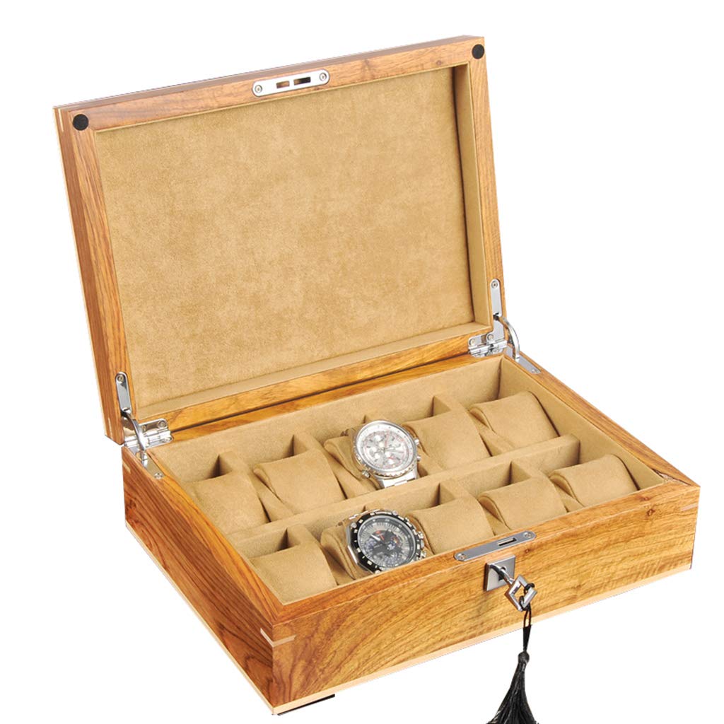 Premium Wooden Watch Box with Glass Top & Lockable Metal Lock - Luxury Jewelry Organizer for 10 Watches (Men & Women) - Perfect for Watch Collectors, Gift Giving & Home Display