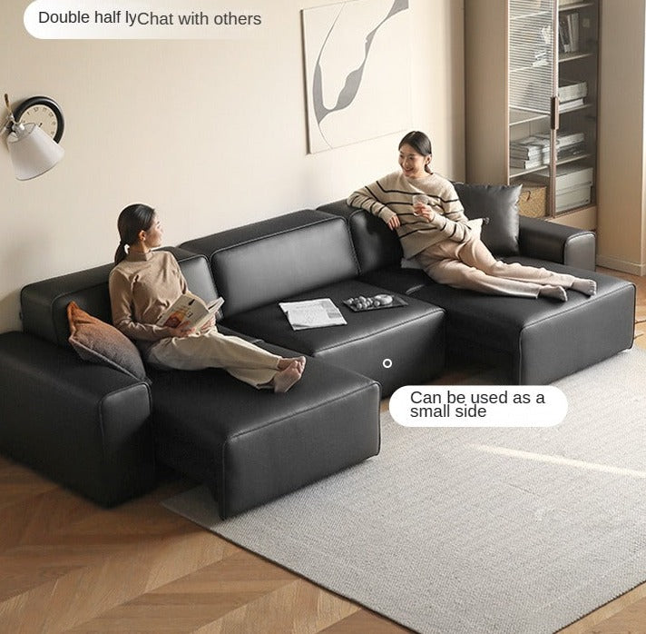 Organic Leather Art Sofa with Retractable Bed - Big Black Bull Electric Sofa Bed for Living Room, Guest Room & Small Space Comfort