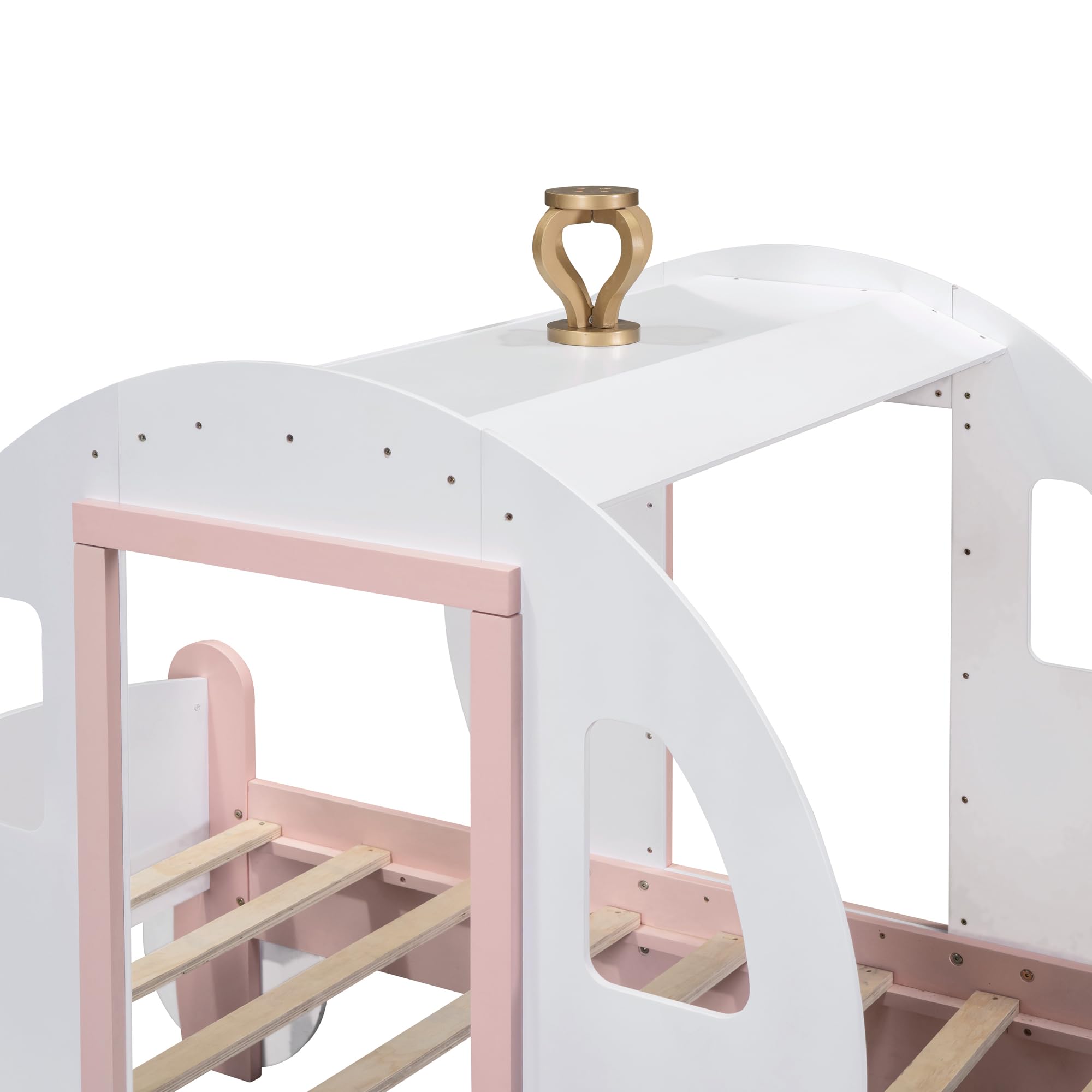 MERITLINE Twin Size Princess Carriage Bed for Girls & Boys - Wooden Canopy Bed with Crown Design, White & Pink Twin Platform Bed Frame - Perfect for Kids' Bedrooms, Princess Themed Rooms & Fantasy Decor