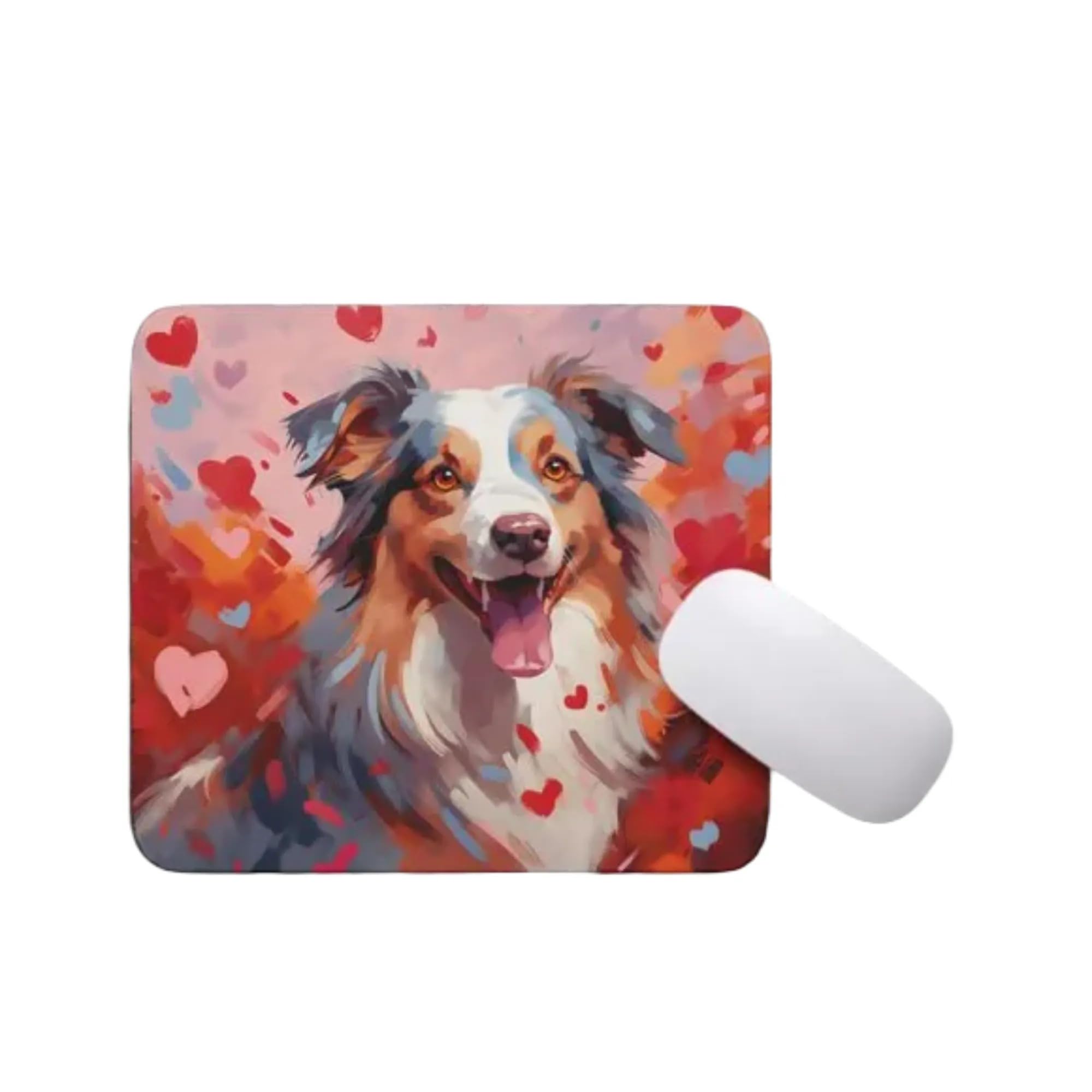 Australian Shepherd Mouse Pad with Red Hearts - Non-Slip Rubber Desk Mat for Computer, Laptop & Office - Cute Puppy Design for Dog Lovers - Perfect for Home Office, Gaming & Workstations