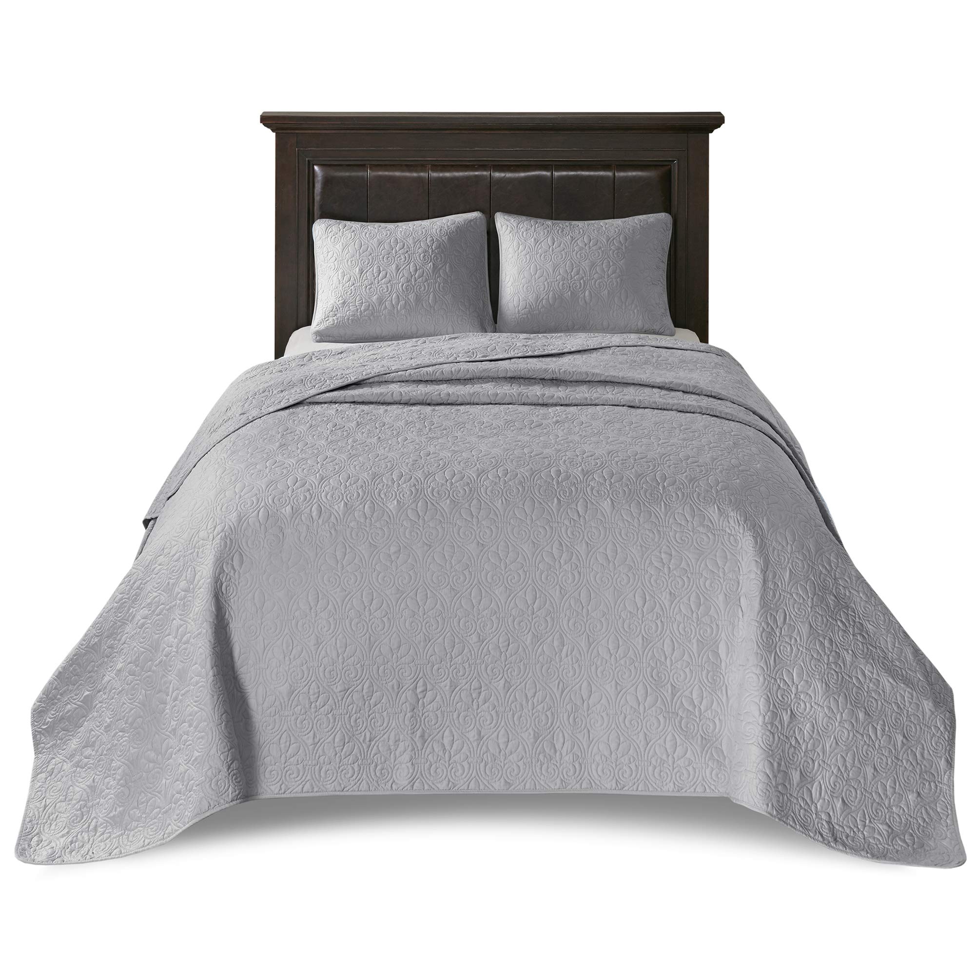 Madison Park Quebec Queen Size Quilt Bedding Set - Grey Damask 3-Piece Microfiber Bedspread | Ultra Soft & Breathable | Perfect for Master Bedroom, Guest Room & Cozy Home Decor