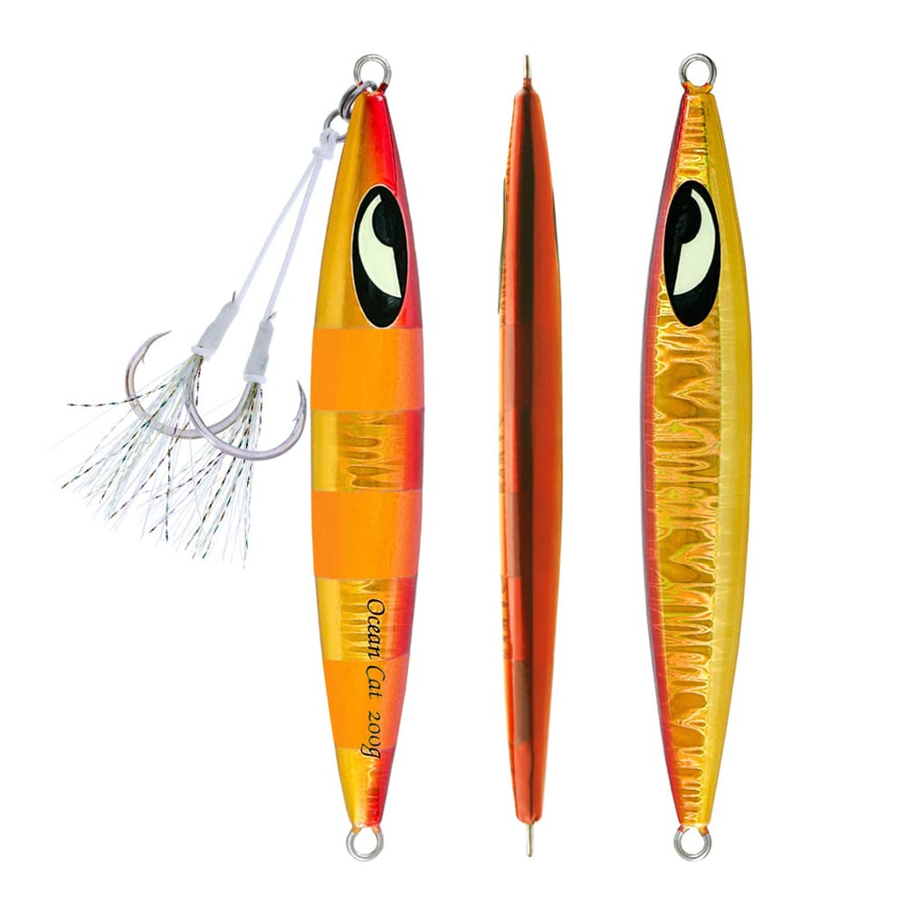 OCEAN CAT Lead Metal Flat Slow Fall Pitch Fishing Jigs Lures - Sinking Vertical Jigging Bait with Butterfly Hook for Saltwater Fishing - Perfect for Deep Sea, Offshore and Inshore Fishing Adventures