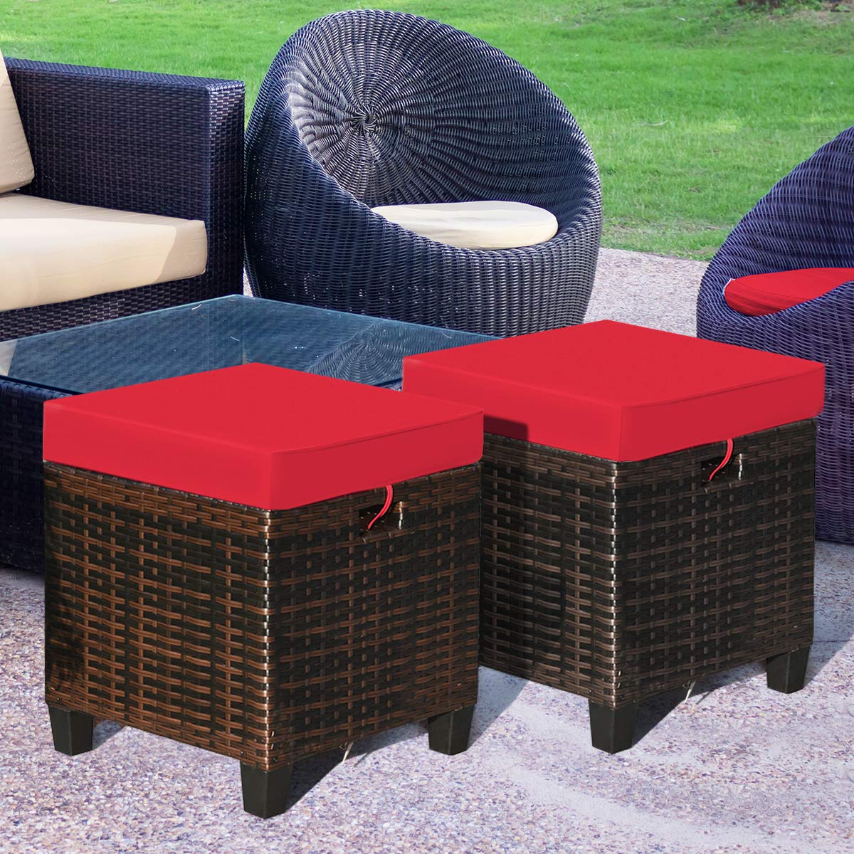 2PCS Rattan Wicker Ottoman Set with Removable Cushions - Patio Footstool & Footrest Seat for Outdoor, Garden, Backyard - Durable Wicker Furniture for Home Decor, Relaxation & Entertaining (Red)