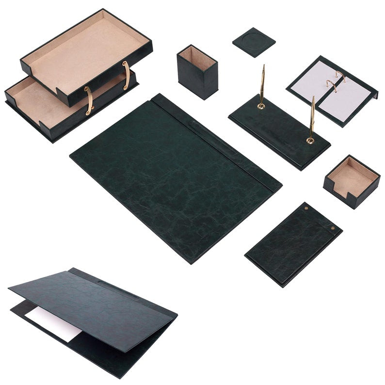 MOOG Leather Desk Organizer Set - Double Document Tray in Green (10-Piece) for Office Organization & Home Office Supplies | Perfect for Filing, Paper Storage & Workspace Management