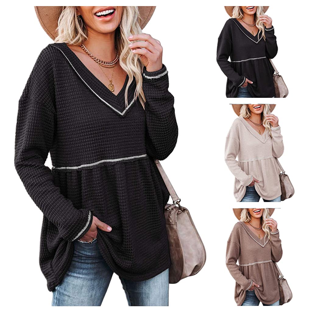 Jeauseul Women's V-Neck Waffle Knit Tunic Top - Long Sleeve Peplum Pullover Sweater, Casual Flowy Swing T-Shirt for Everyday Wear | Perfect for Office, Date Night & Weekend Outfits