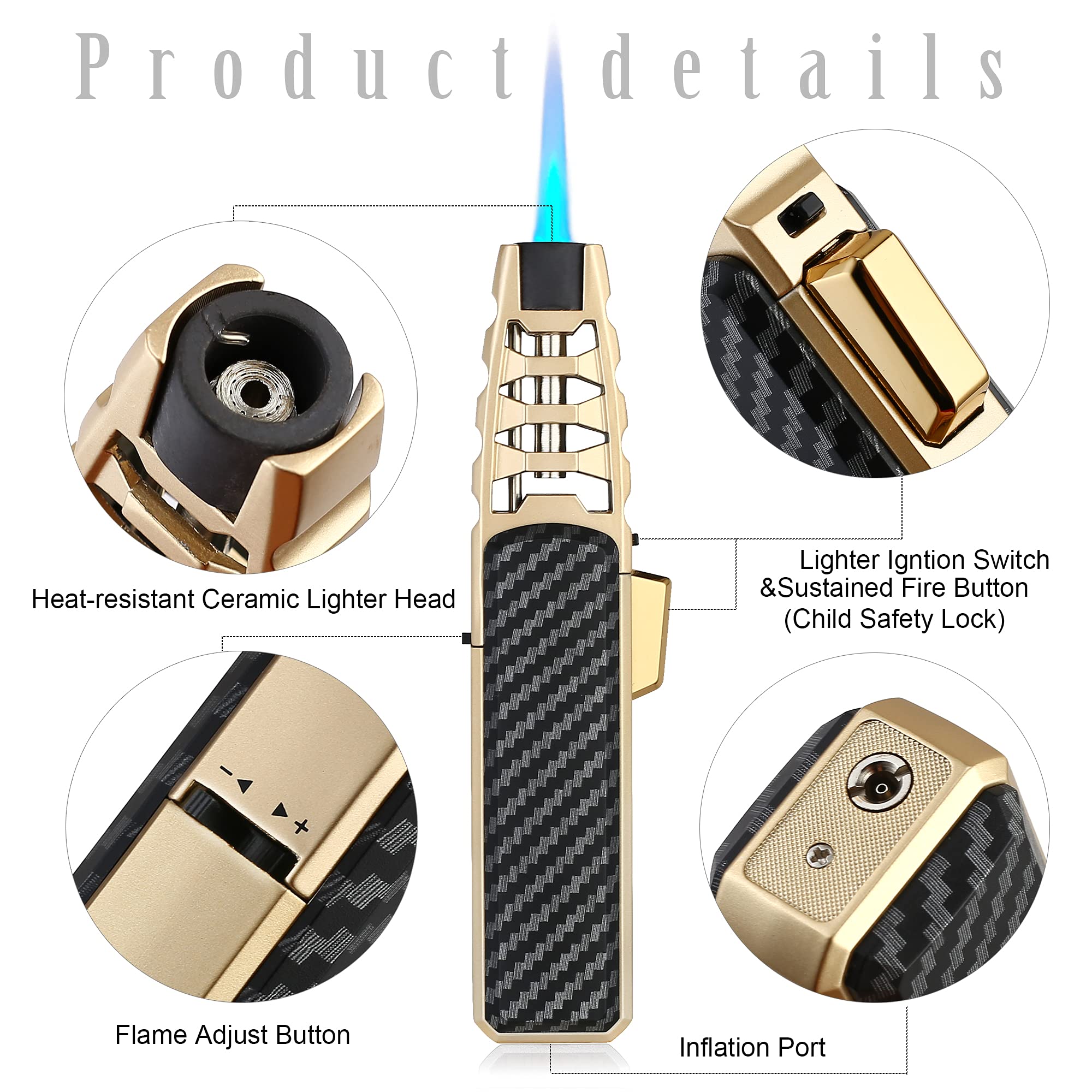 Jet Torch Butane Lighter - Refillable Windproof Lighter with Solar Beam Torch Flame for Candle Lighting, Camping, Grill & BBQ (Butane Not Included) - Perfect for Outdoor Cooking, Fire Starting & Survival Kits - Black Gift Box Included
