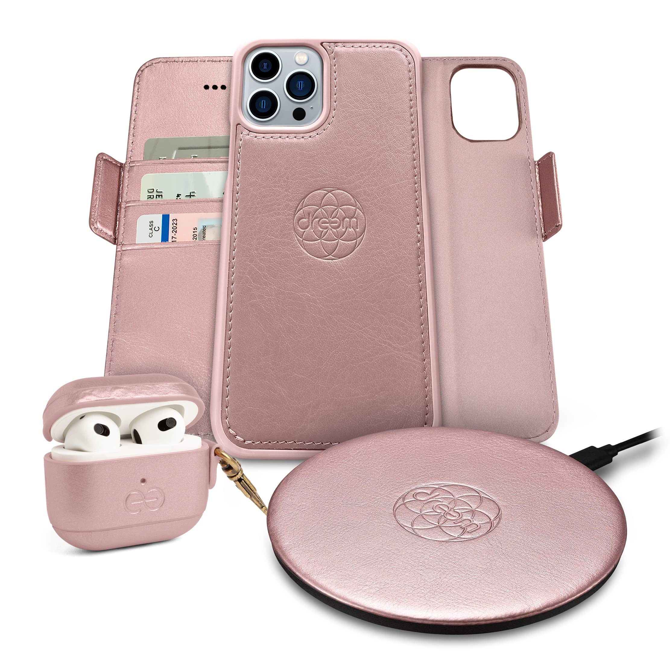 Fibonacci Wallet-Case for iPhone 13 Pro Max with Om AirPods 3 Cover & Beam Wireless Charger - Rose Gold | Premium Phone Accessories Bundle | Perfect for Travel, Work & Everyday Use