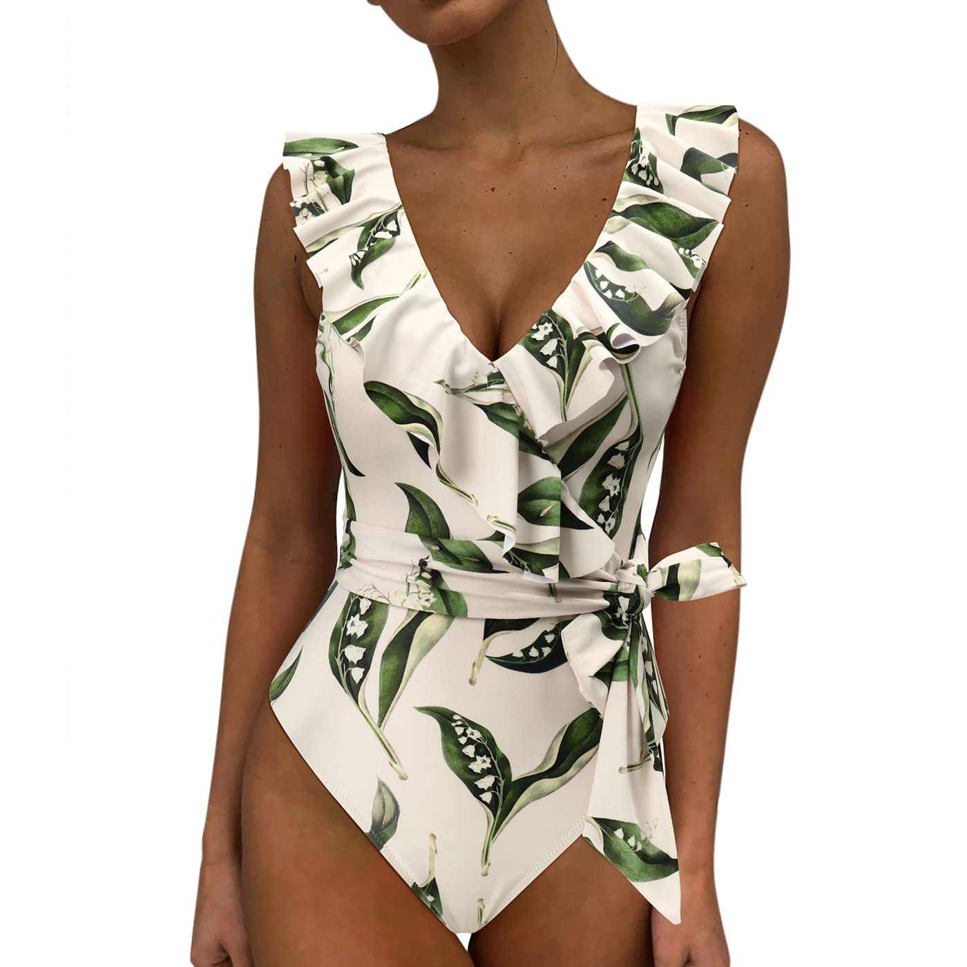 DOULAFASS Women's One Piece Swimsuit - V Neck Ruffle Design Tummy Control Monokini Bathing Suit for Beach, Pool & Vacation | Plus Size Swimwear for Women