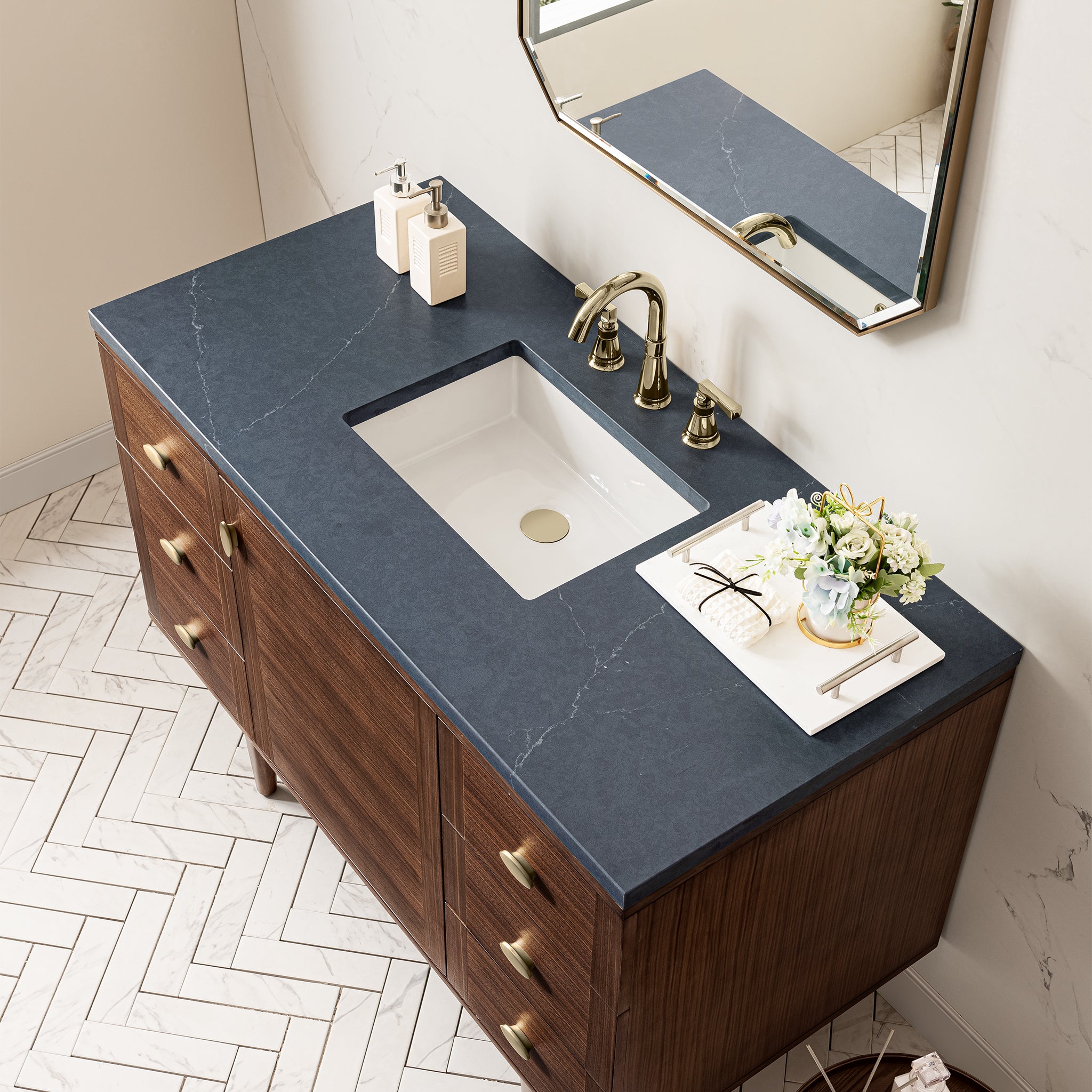 Amberly 48 Inch Single Bathroom Vanity with Sink - Mid Century Modern Walnut Finish for Small Space & Apartment Bathroom Remodel