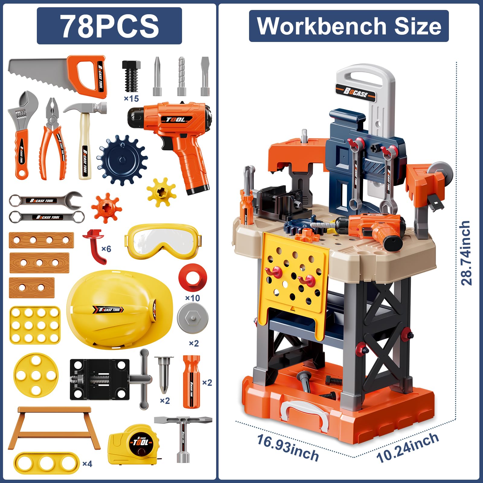 78-Piece Kids Tool Bench Set with Electric Toy Drill & Realistic Tools - Pretend Play Construction Toy for Toddlers Ages 3-6 | Perfect for DIY Pretend Play, Birthday Gifts & Early STEM Learning