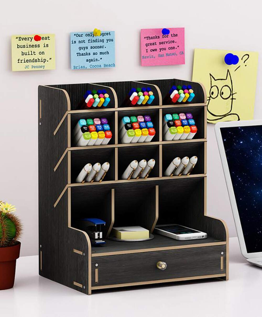 9 Grid Wooden Desktop Organizer with Drawer - Pen Pencil Holder, Marker & Makeup Tools Storage Caddy - Perfect for School, Office & Home Organization (Ideal for Desks, Countertops & Vanity Tables)
