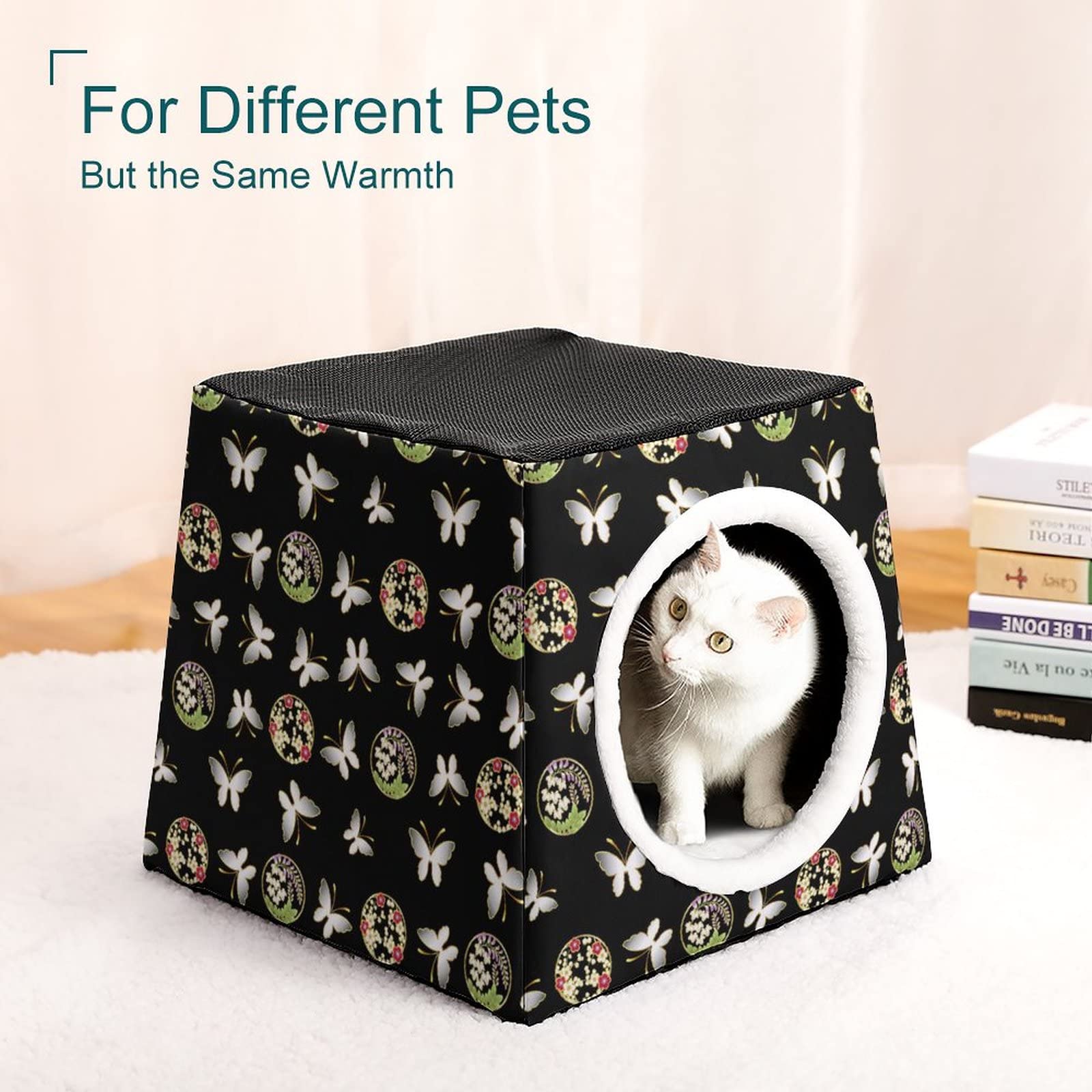 3-in-1 Foldable Cat House, Bed & Sofa with Removable Cushion - Butterfly Black Retro Style Cat Shelter & Scratching Toy for Indoor Cats - Perfect for Living Room, Bedroom or Pet Corner