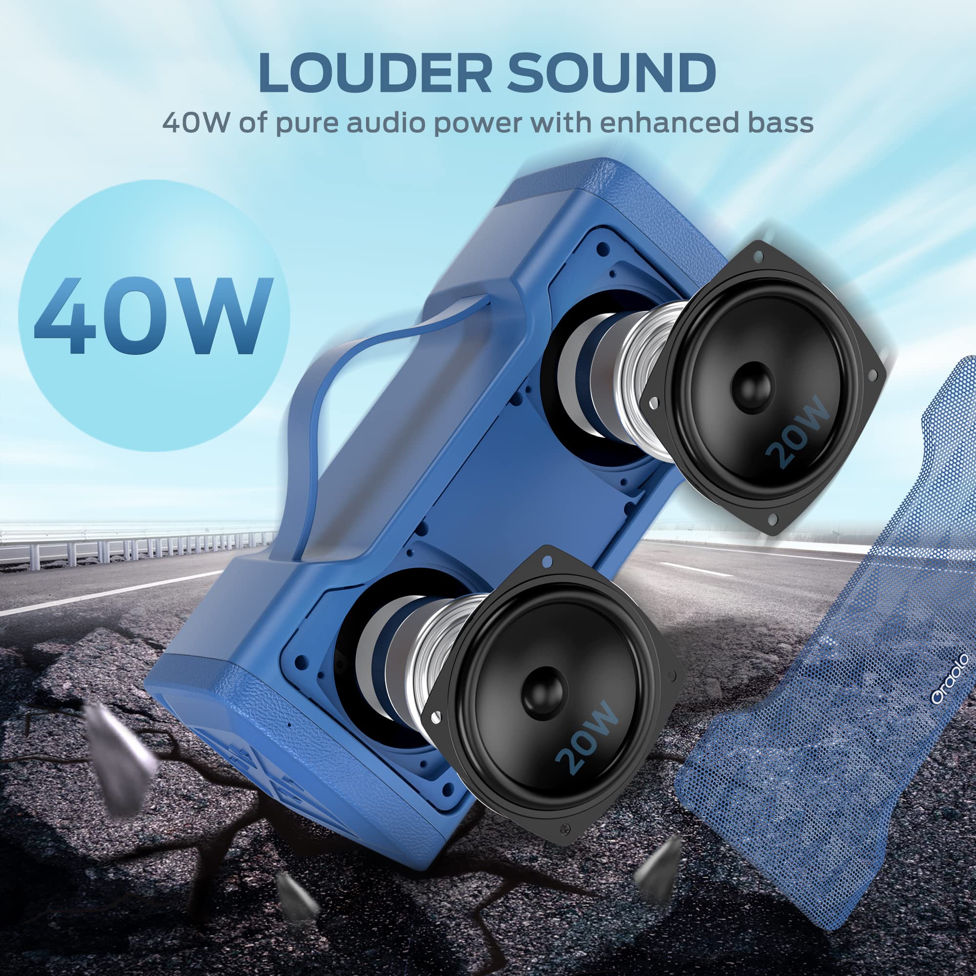 Oraolo 40W Portable Bluetooth Speaker with Stereo Sound, IPX6 Waterproof Wireless Speaker, USB/AUX Input, Built-in Mic - Perfect for Home, Party, Outdoor, Travel & Beach (Blue)