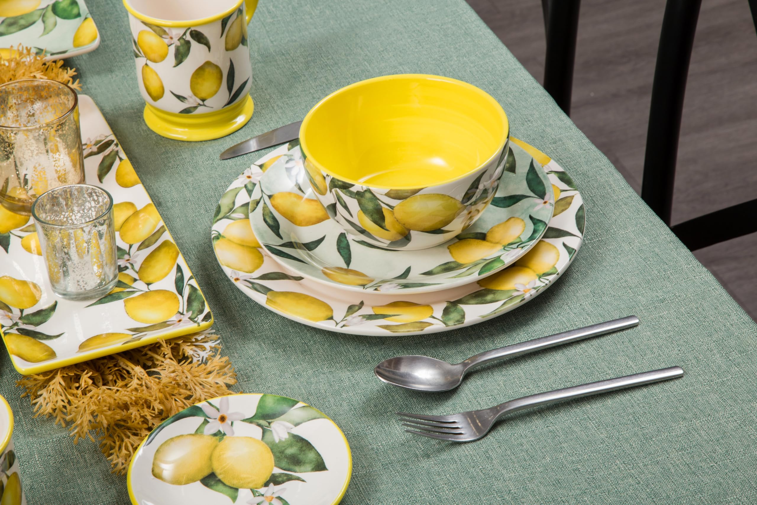 Bico Lemon Dreams Ceramic Bowls Set of 4 - 26oz Pasta, Salad, Cereal & Soup Bowls - Microwave & Dishwasher Safe - Perfect for Dining, Entertaining & Everyday Use