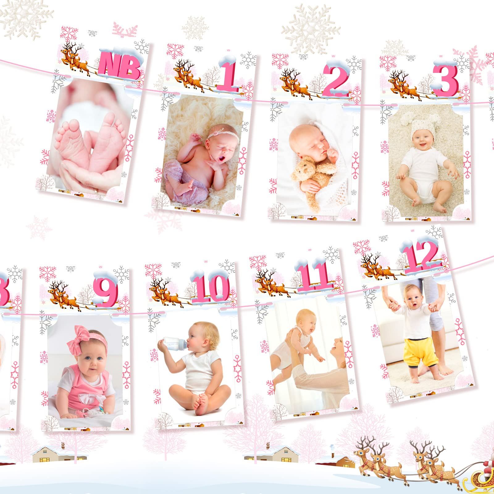 Winter Onederland 1st Birthday Decorations for Girls - Frozen Snowflake Reindeer Theme First Birthday Banner with 12 Months Photo Display | Perfect for Baby Girl's Birthday Party, Baby Shower & Winter Celebration