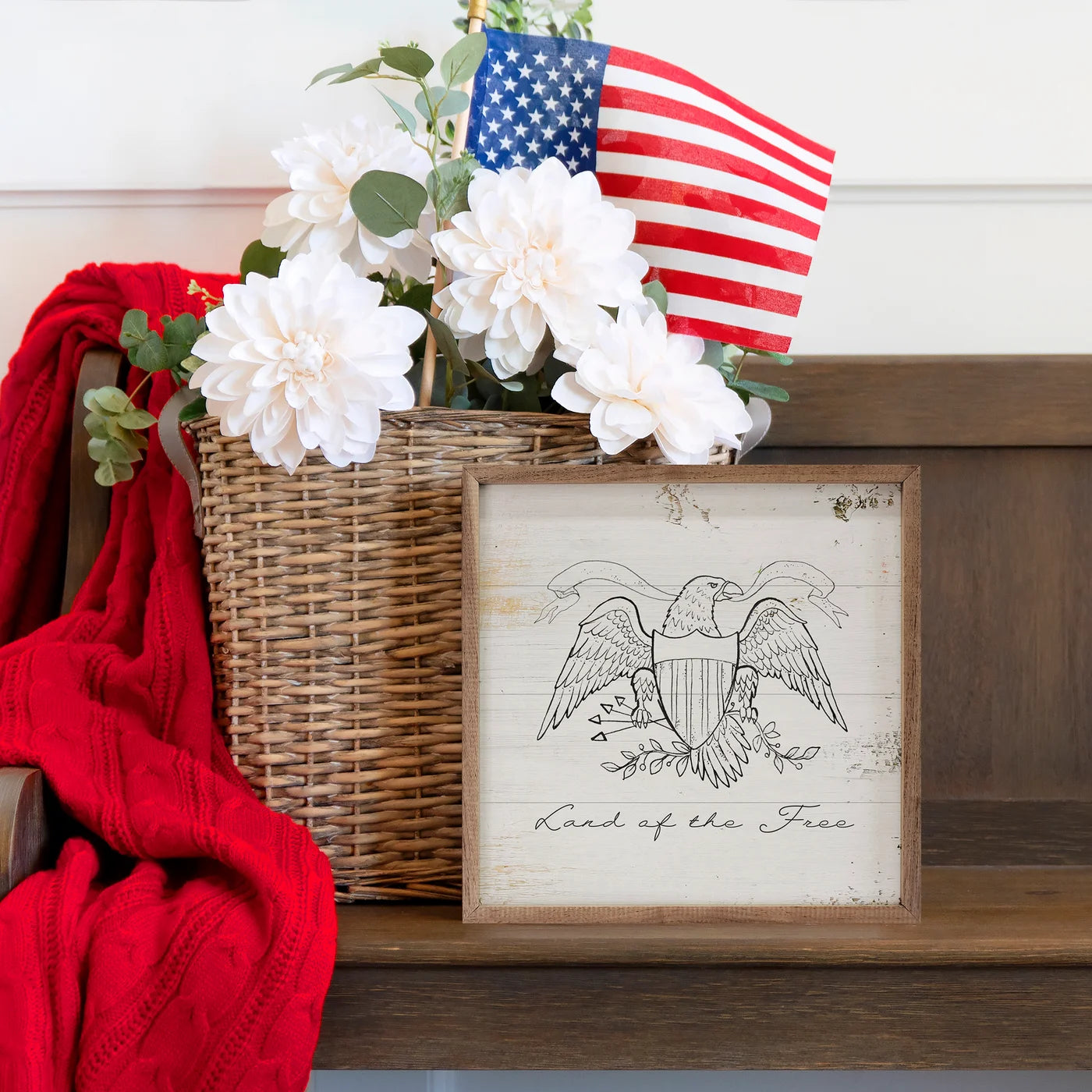 Land of the Free Eagle Whitewash Wood Framed Print - Patriotic Wall Art Decor for Home, Office & Gifts | Perfect for Living Room, Bedroom & American-Themed Spaces