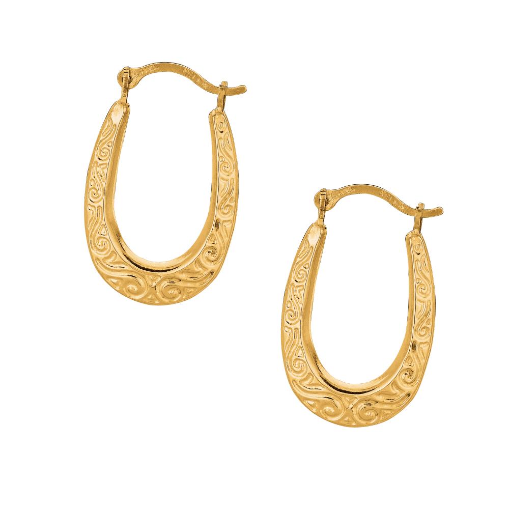 10K Gold Oval Scroll Pattern Hoop Earrings - Elegant Vintage Style Dangle Earrings for Women - Perfect for Weddings, Parties & Everyday Wear