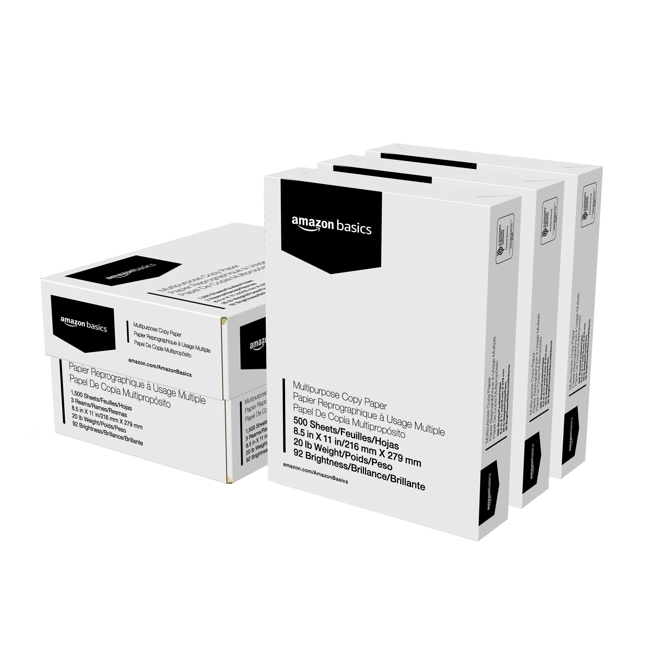 Amazon Basics Multipurpose Copy Printer Paper - 8.5 x 11 Inches, 20 lb Weight, 92 Brightness, White (3 Reams, 1500 Sheets) - Ideal for Home Office, School Projects & Business Printing