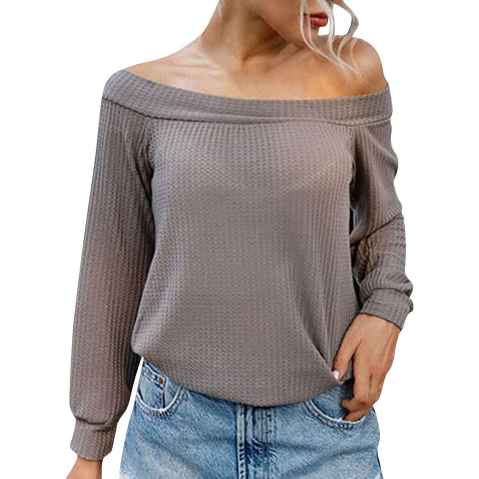 Women's Off Shoulder Waffle Knit Tops - Boat Neck Long Sleeve Pullover Sweater - Loose Slouchy Round Neck Blouse for Casual Wear, Date Night & Fall Layering