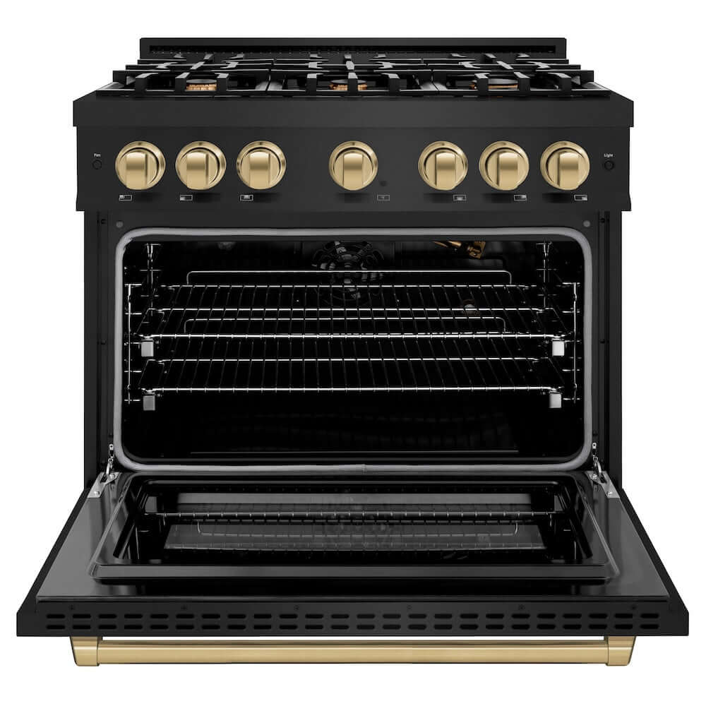 ZLINE Autograph Edition 36 Inch 5.2 Cu Ft Gas Range with 6 Burner Cooktop & Convection Oven - Black Stainless Steel with Champagne Bronze Accents (HGRBZ 36 CB) - Perfect for Professional Home Chefs & Modern Kitchens