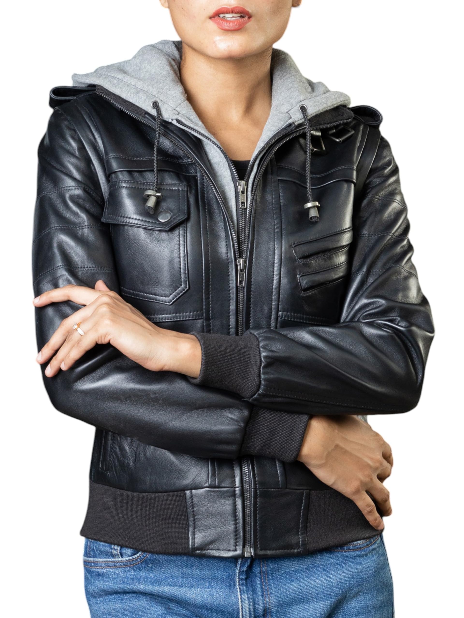 **Jild Genuine Leather Jacket for Women - Slim Fit Biker Motorcycle Jacket with Detachable Hood | Stylish & Durable for Riding, Casual Outfits & Night Out**