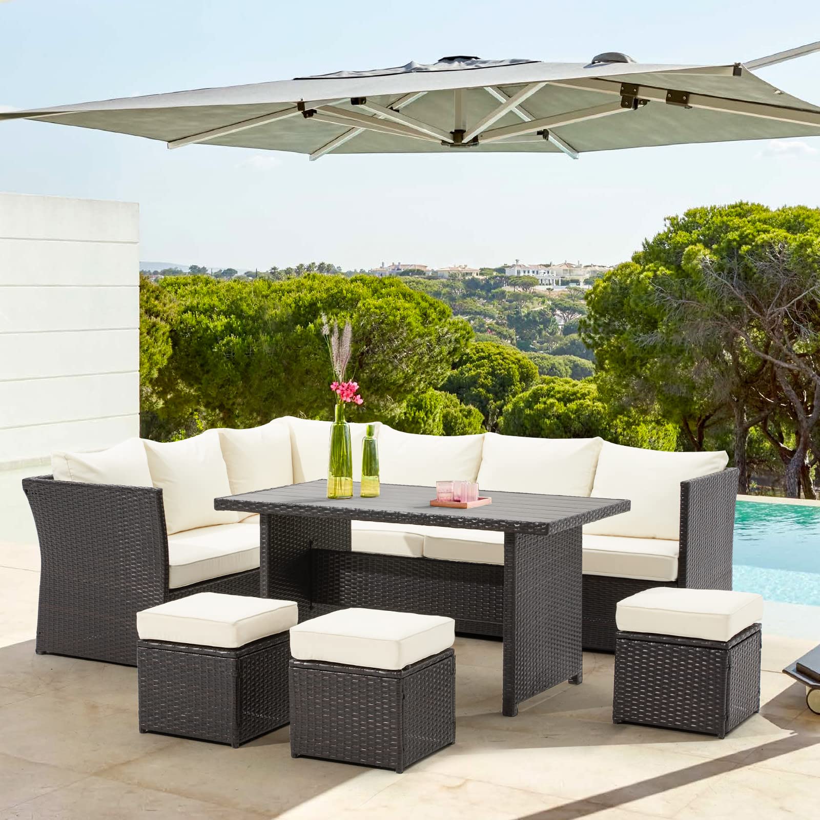 7-Piece Outdoor Patio Furniture Set - All-Weather Wicker Rattan Sectional Sofa with Cushions, Ottoman & Dining Table - Perfect for Backyard, Garden, Poolside & Deck Relaxation