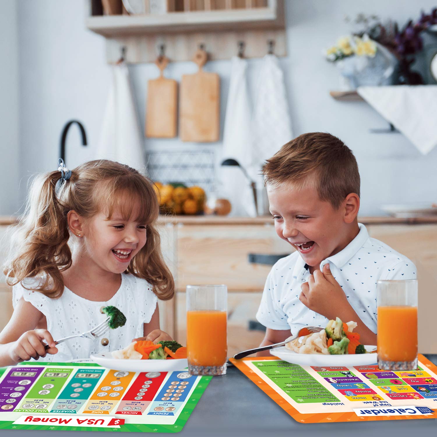 Simply Magic 5 Non-Slip Washable Reusable Kids Placemats - Educational Toddler Placemats with Money, Numbers, Weather, Seasons, Calendar & Time - Perfect for Dining, Learning & Playtime at Home or School