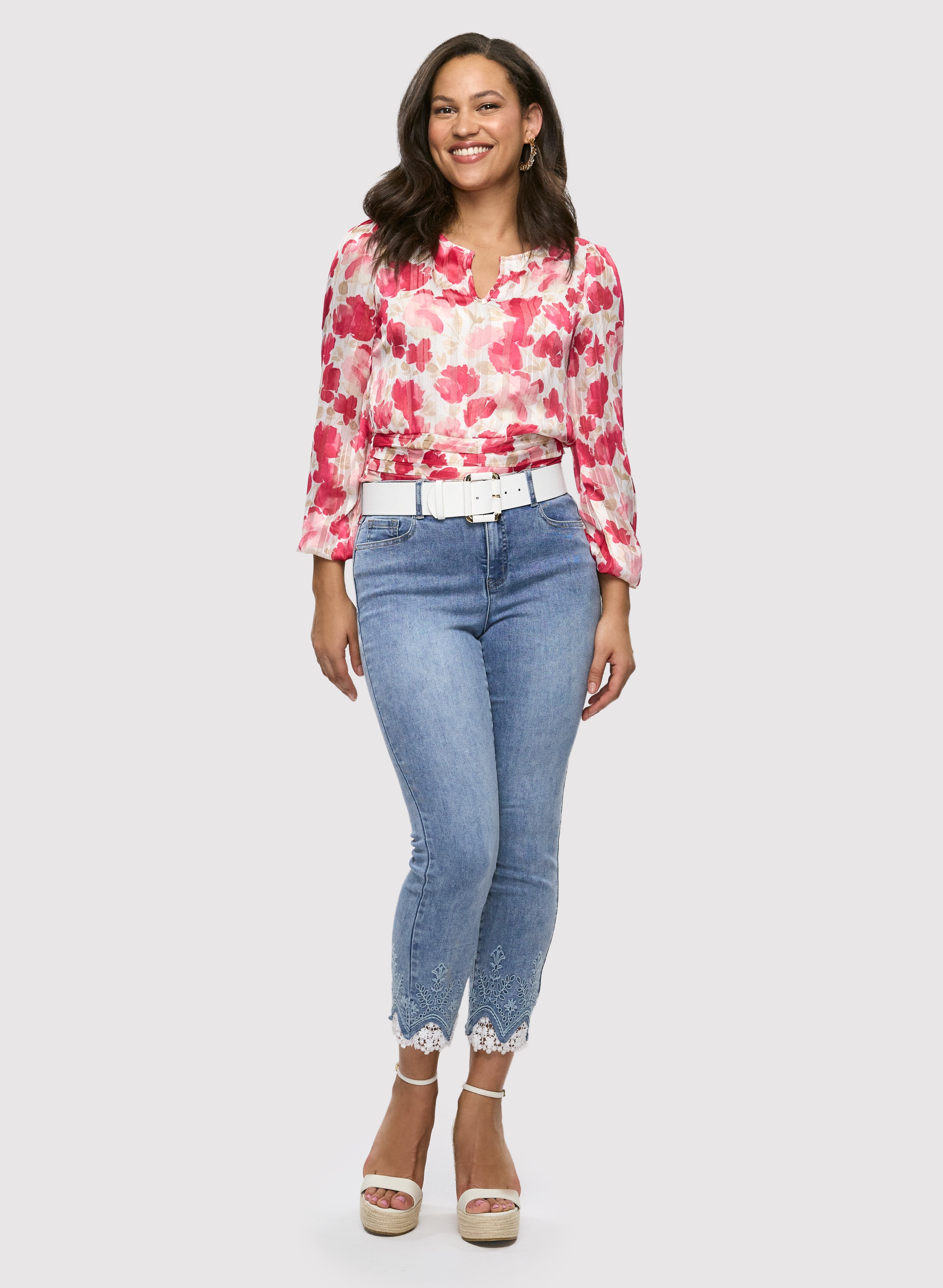 Floral Blouse & Lace Hem Ankle Jeans Set - Women's Boho Chic Outfit for Spring Summer, Perfect for Date Night, Brunch & Casual Wear