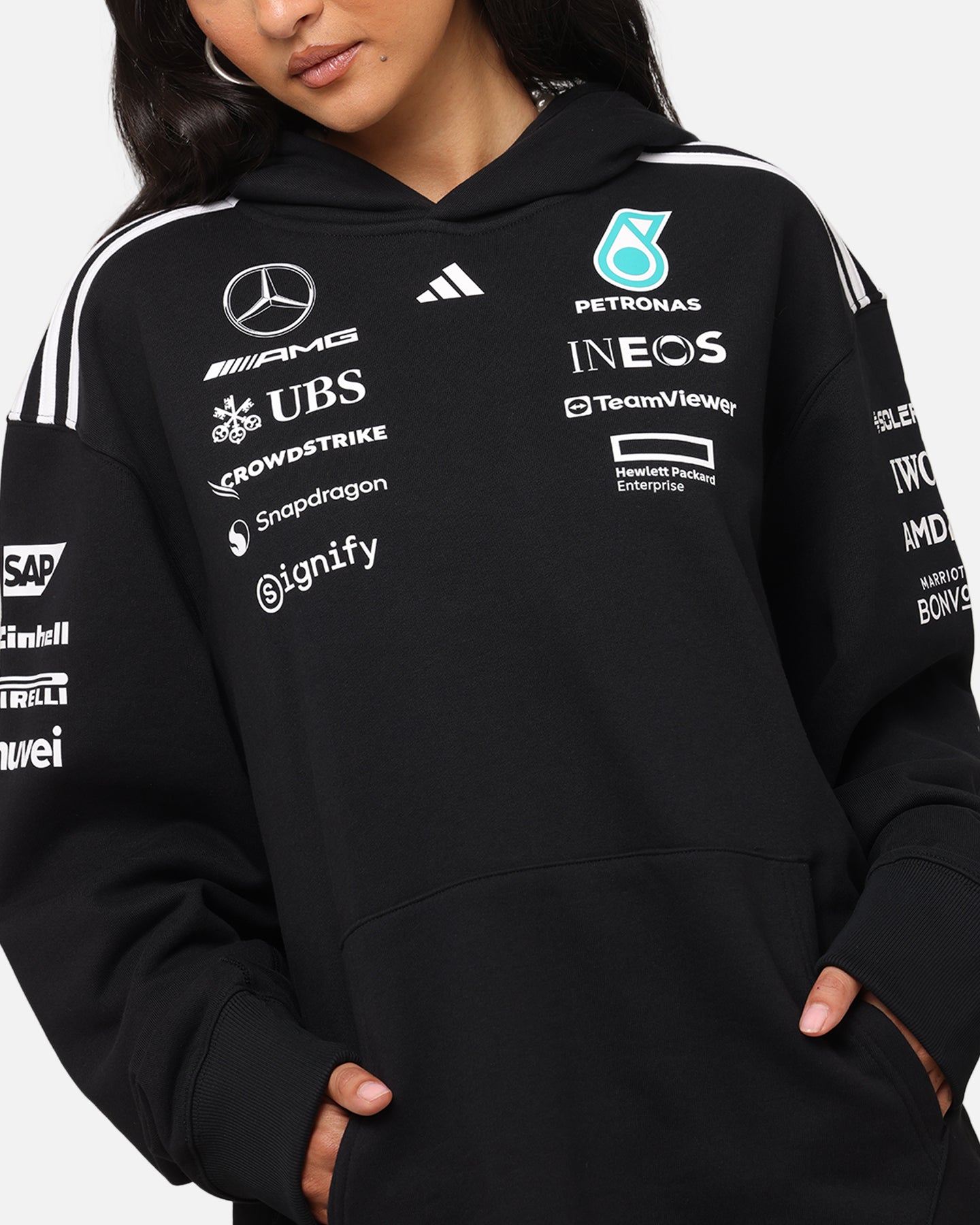 Adidas x Mercedes AMG Petronas Formula One F1 2025 Team Hoodie - Black & White - Men's Sports Pullover for Racing Fans & Casual Wear