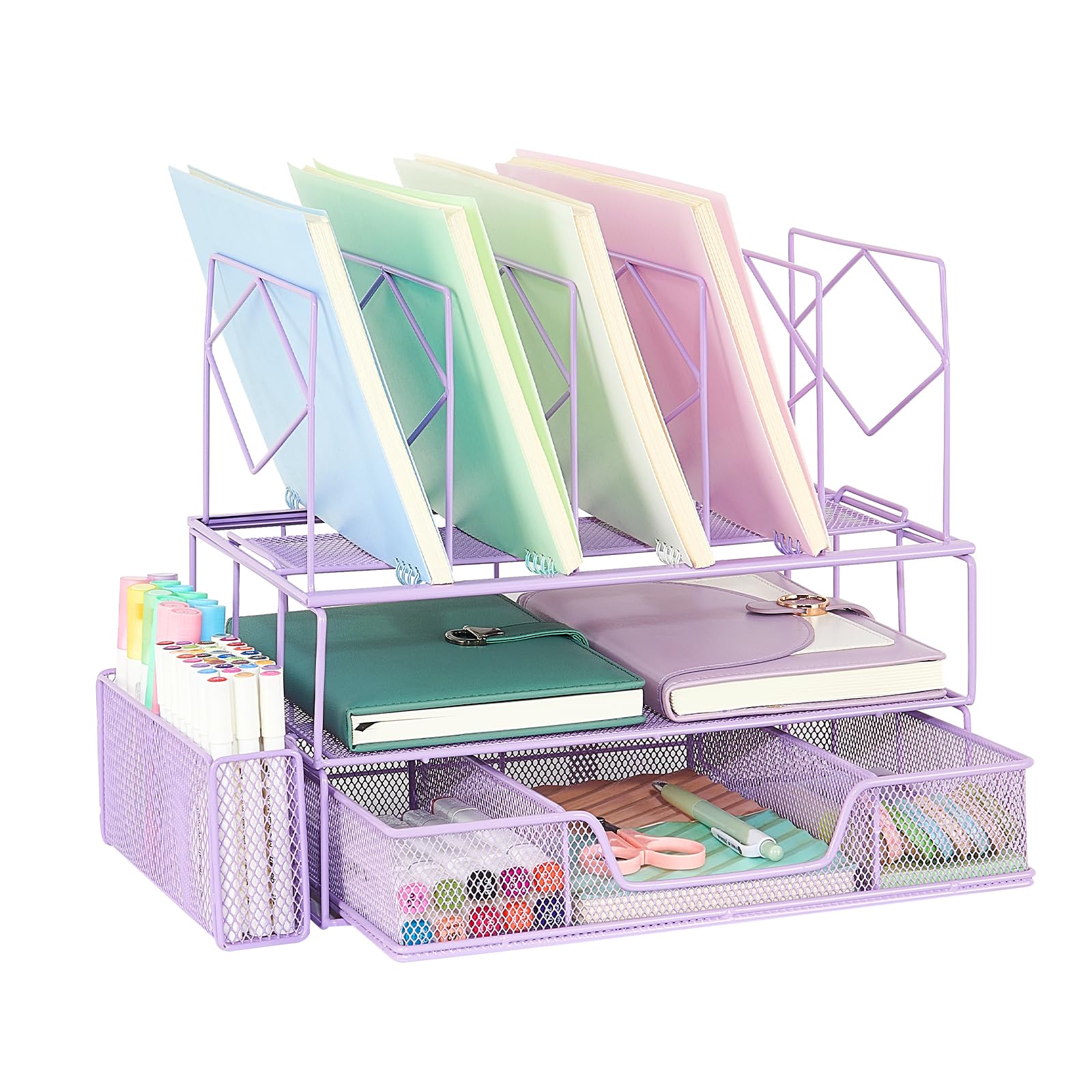 Youbetia Purple Desk Organizer with Pencil Holder, Drawer & Double Tray - 5 Upright Sections for Office Supplies Organization - Perfect for Home Office, School & Workspace Accessories
